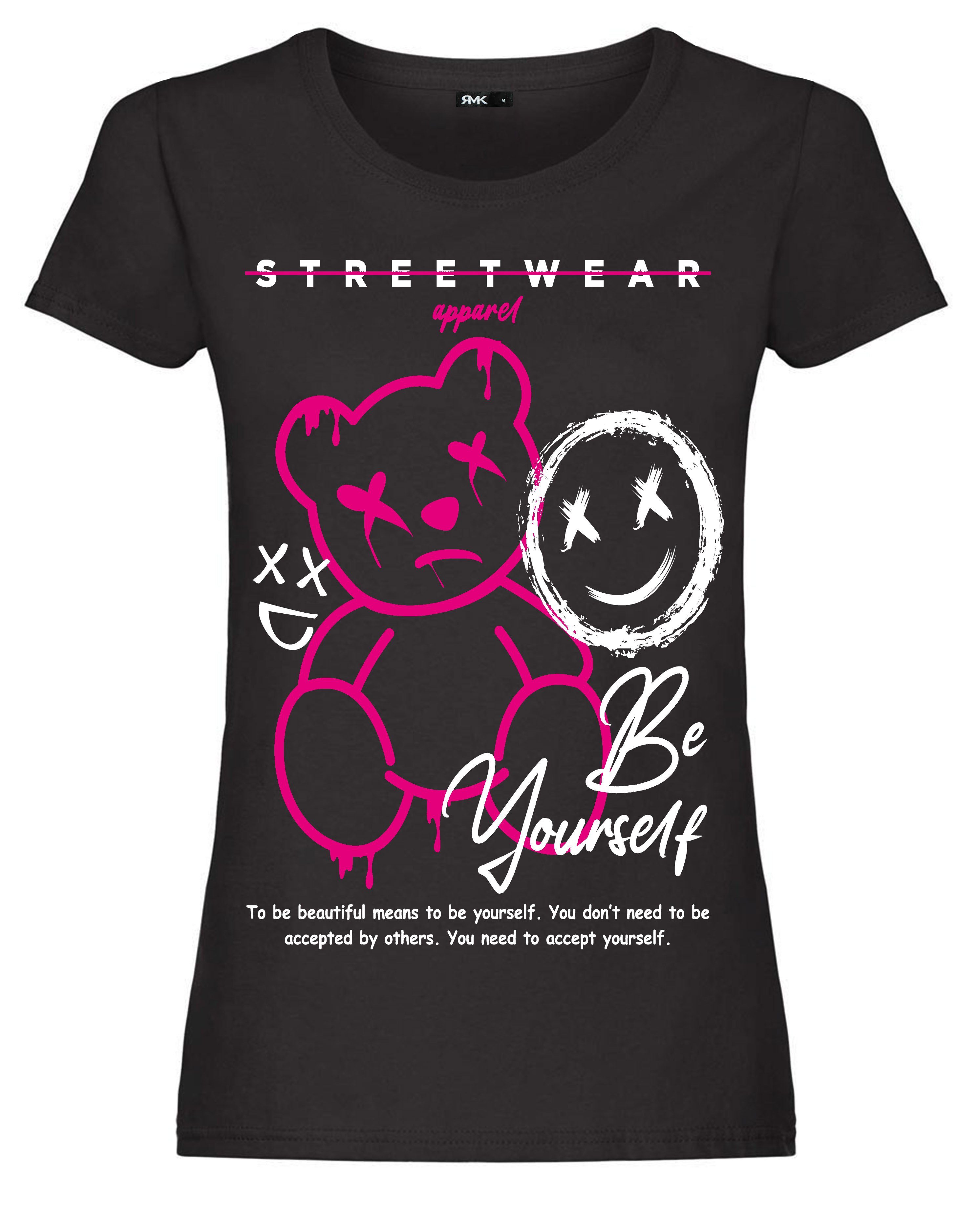 RMK T-Shirt Damen Shirt kurzarm Rundhalsshirt mit modischem Frontdruck "Teddy Bär"