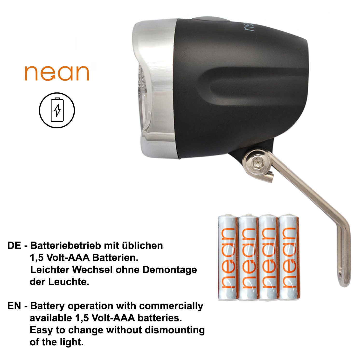 nean Fahrrad-Frontlicht Batterie, LED, Dynamo, Frontleuchte, Reflektor, StVZO-zugelassen, 30 LUX