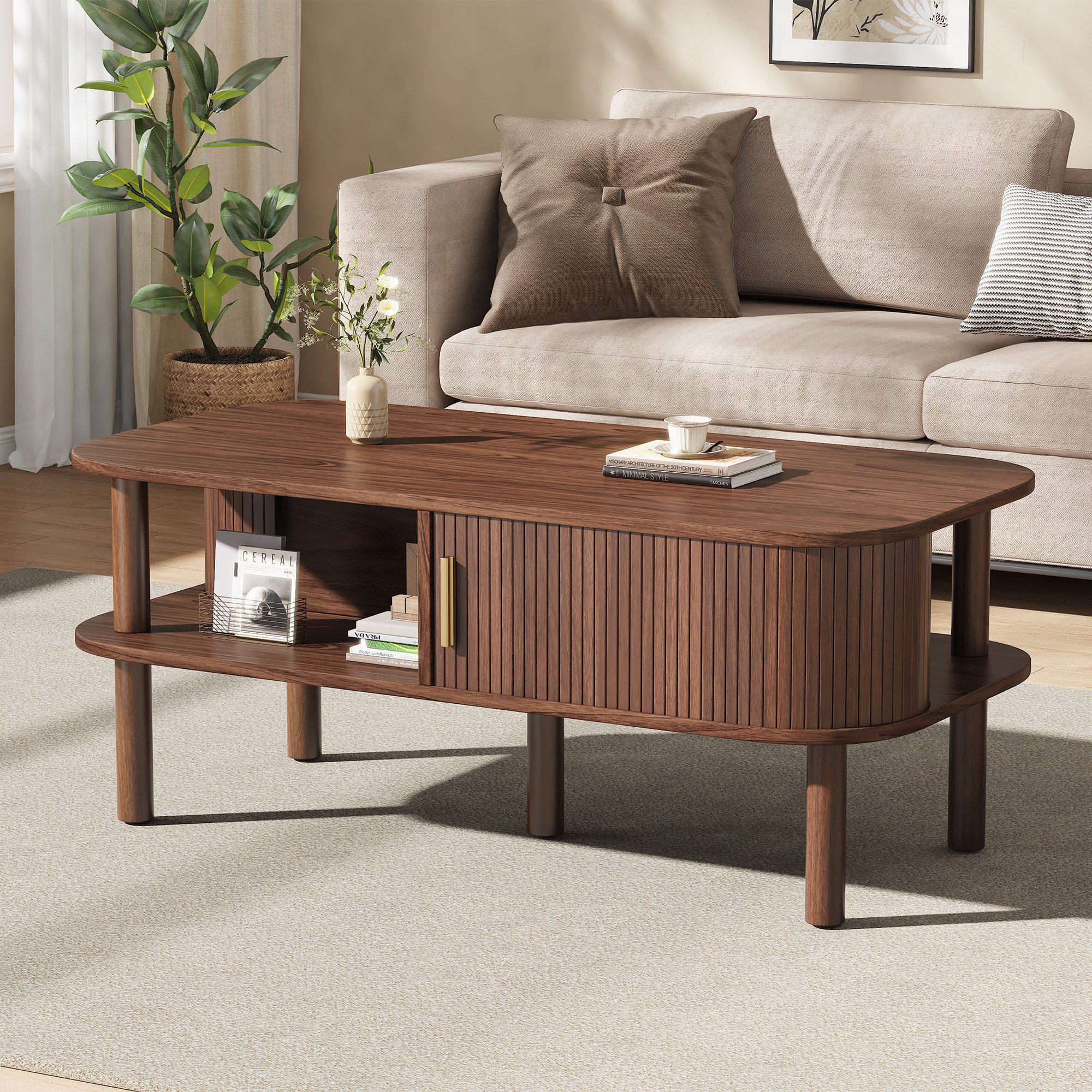 Celya Couchtisch Wohnzimmertisch 110×55×45cm aus MDF, Mit Rolltor (offene Fächer Stauraum, bis 60 kg belastbar), Skandinavischer Kaffee Tisch,Sofatisch, Beistelltisch