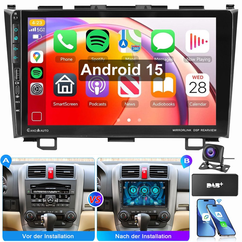 ESSGOO Für Honda CR-V III RE CRV 2007-2011 Android 15 Carplay NAVI Type-C Autoradio (RDS, Digitalradio (DAB), FM, AM, Apple Carplay Android Auto Navi WIFI BT EQ SWC)