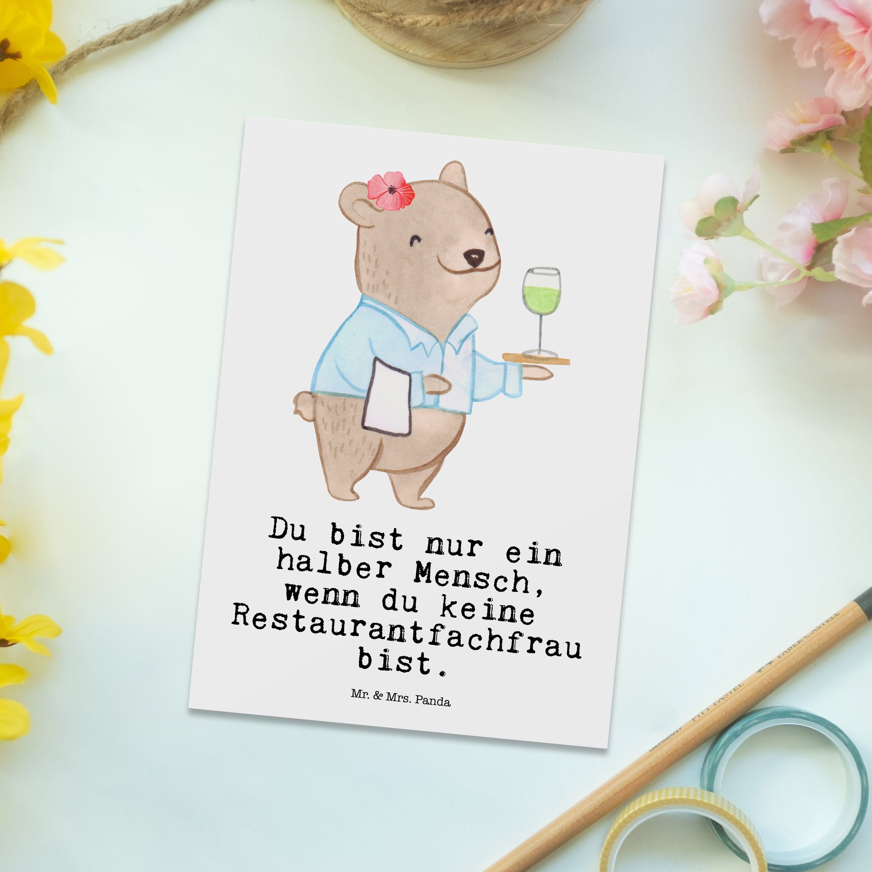 Mr. & Mrs. Panda Postkarte - - Weiß Restaurantfachfrau Ansichtskart Herz mit Geschenk, Schenken