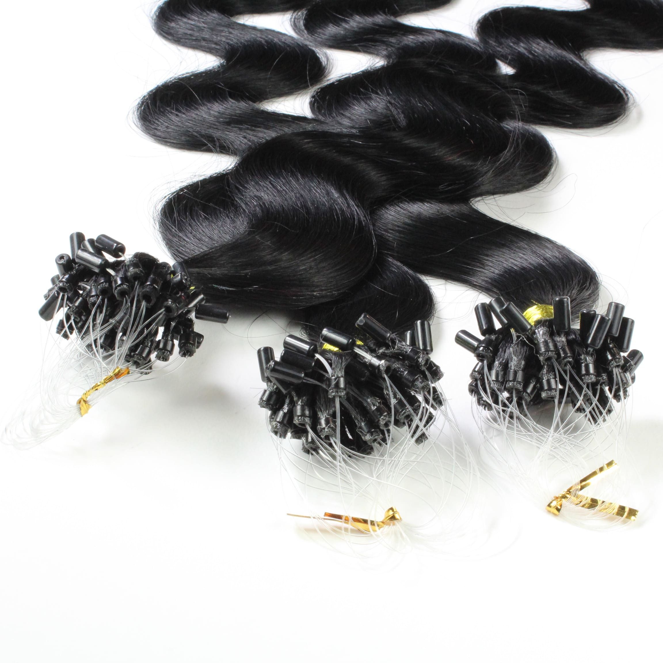 hair2heart Echthaar-Extension Microring Loops - gewellt #2/0 Schwarz 1g 60cm