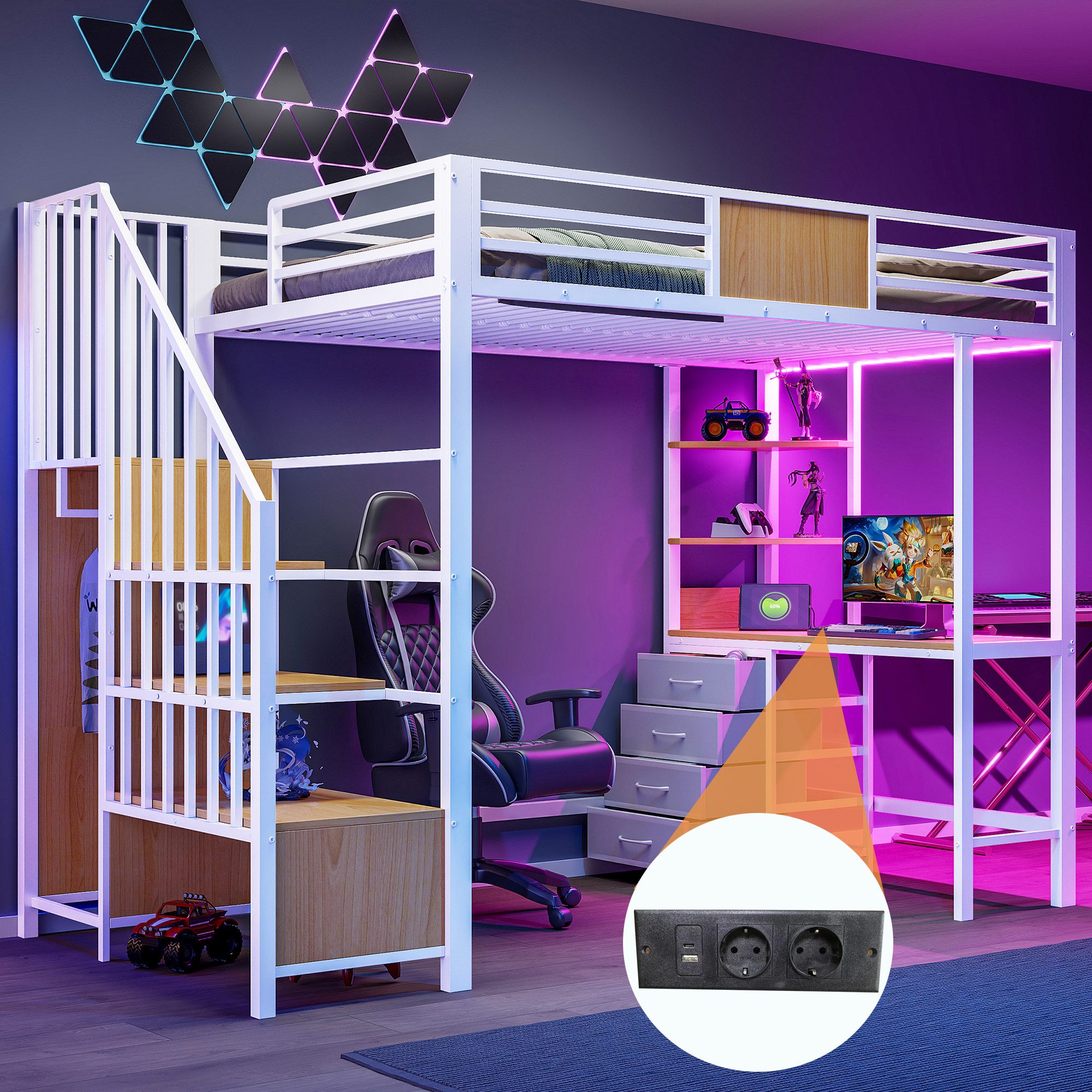Flieks Hochbett Metallbett 90x200cm mit Schreibtisch Stauraumtreppe LED und Aufladen
