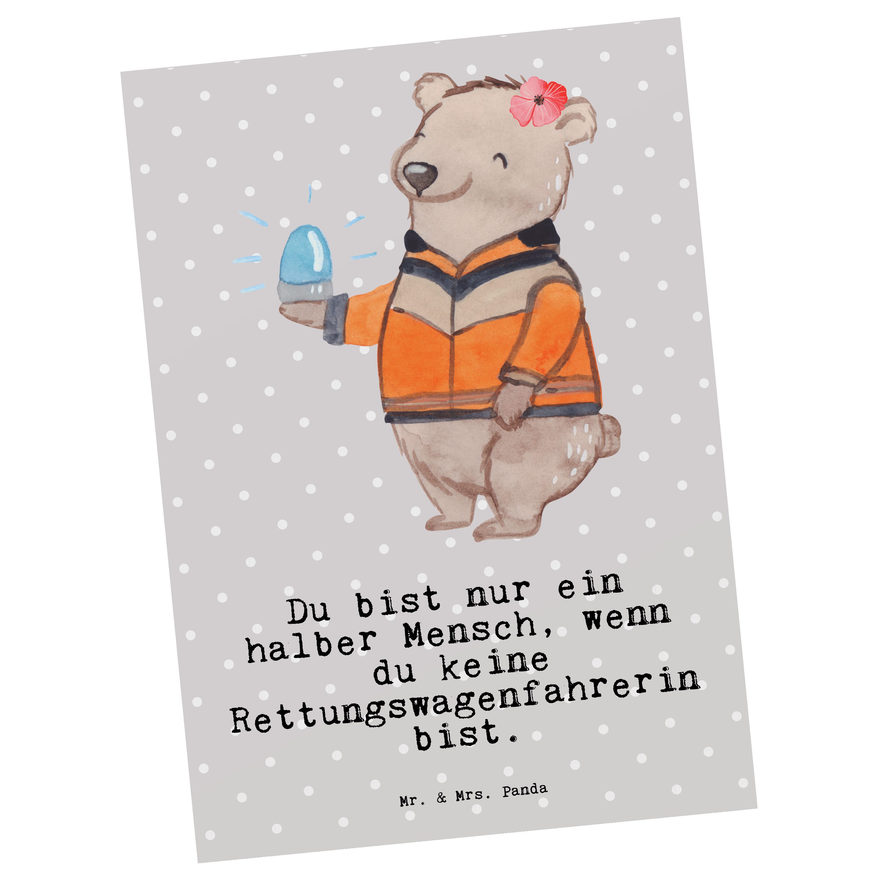 Mr. & Mrs. Panda Postkarte Rettungswagenfahrerin mit Herz - Grau Pastell - Geschenk, Geburtstags