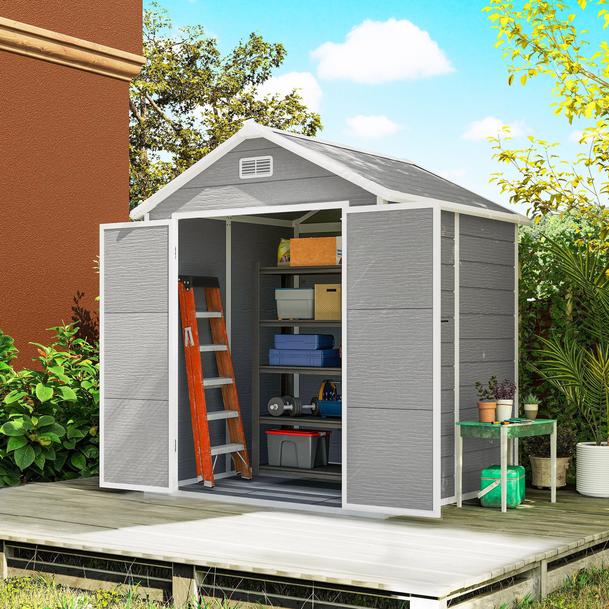 Outsunny Gerätehaus Gartenhaus mit Satteldach Fenster, Geräteschuppen, 2,4m², BxT: 182x151 cm, (Gartenhaus, 1 St., Geräteschuppen), aus Alu, für Hinterhof, Garten, Grau