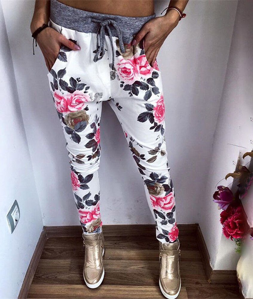 Freizeithose RMK Bündchen Damen Blumen Rosen Sporthose mit Jogginghose Hose