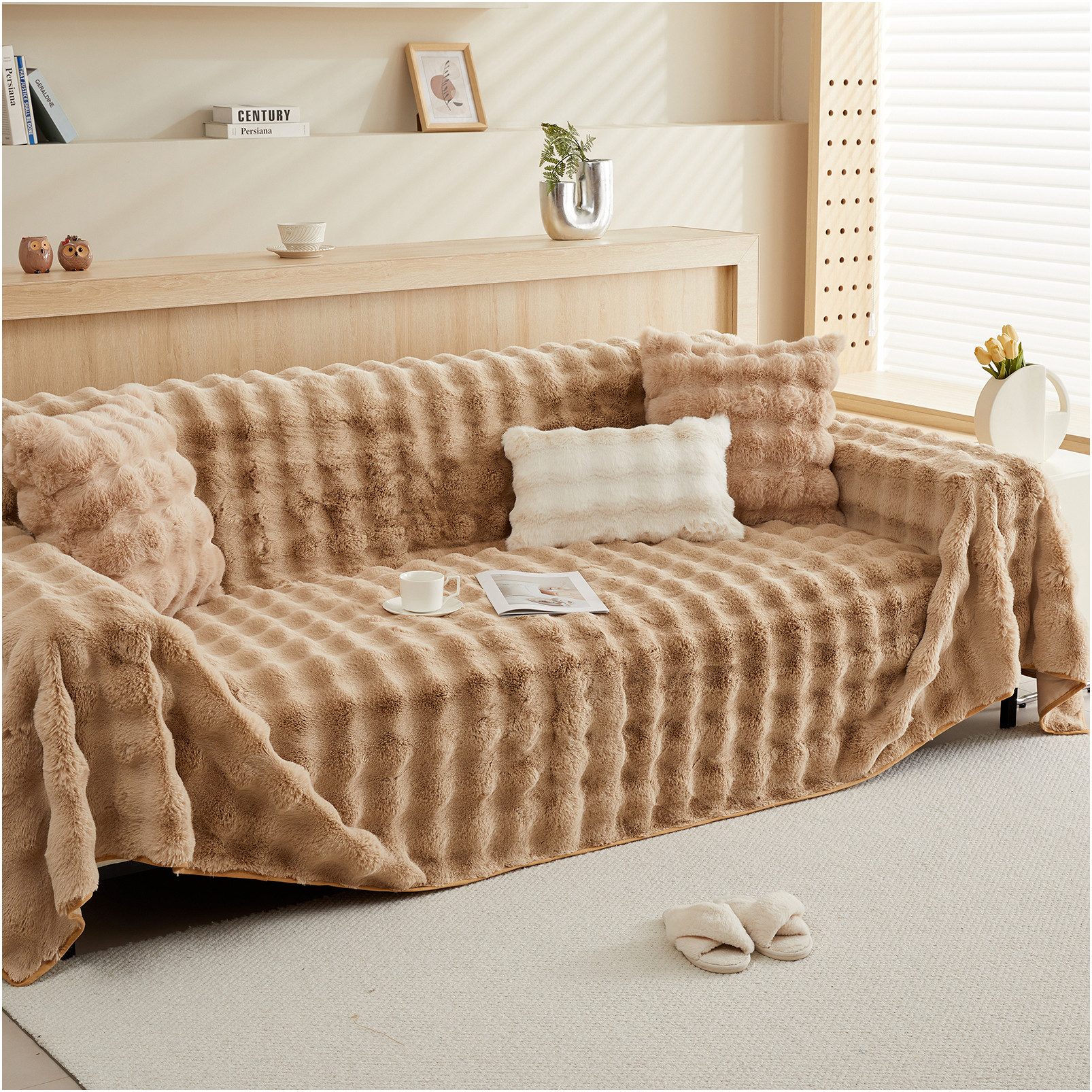 Rosnek Sofahusse Zottelig, warm, Wellendesign, rutschfest, für Winter Sofas Bett, B×L: 180×180,180×230,180×300cm