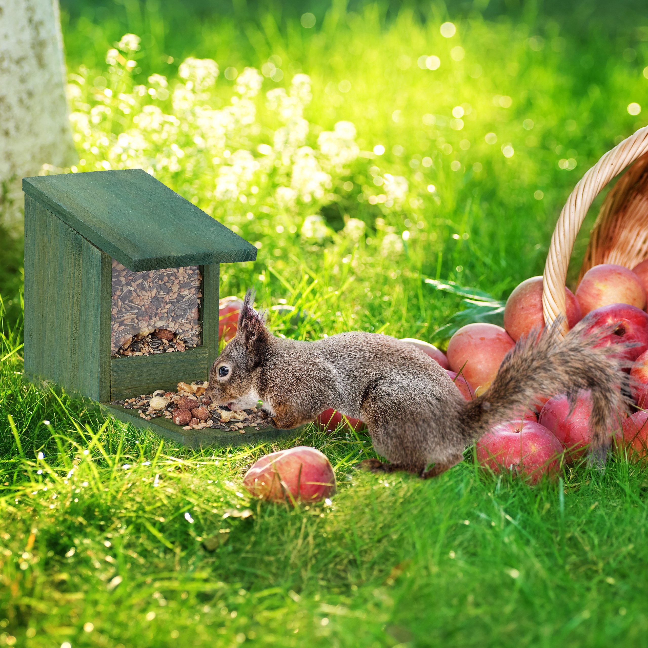 relaxdays Eichhörnchenkobel Eichhörnchen Futterhaus zum Stellen, Dunkelgrün