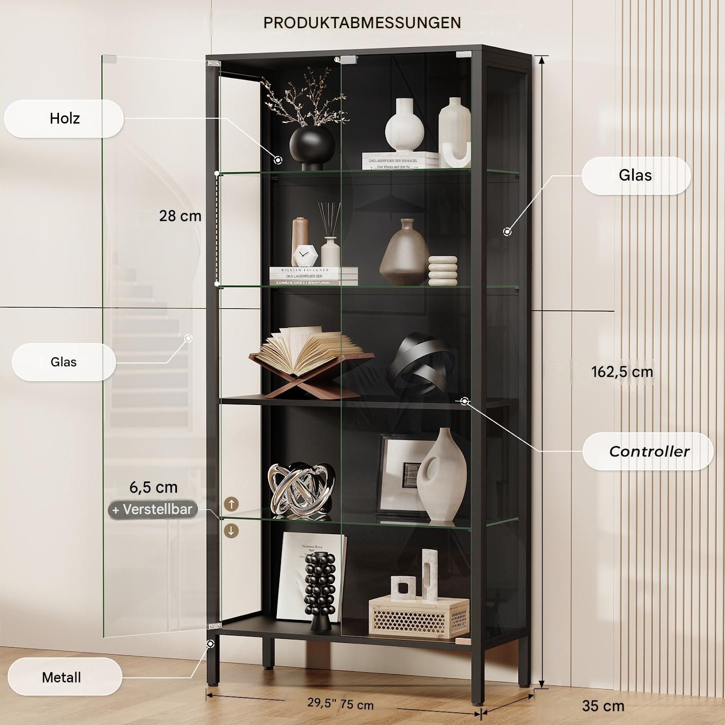 BROTTAR Glasvitrine Metall Glasvitrine mit 5 Ebenen, LED-Beleuchtung (1-St) mit Glasböden und Bewegungssensor, Weiß/Schwarz – Bild 4 von 5
