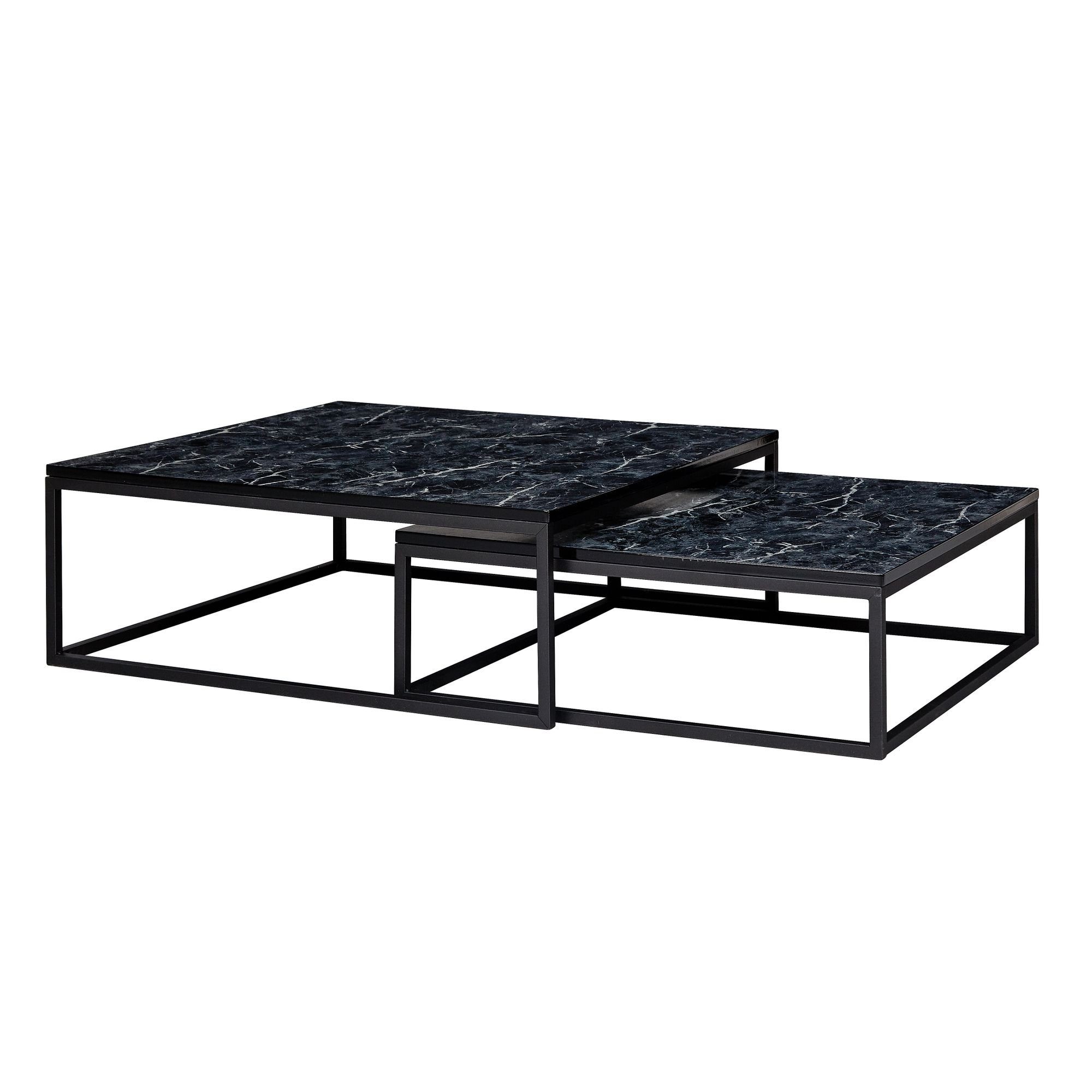 möbelando Couchtisch Design Couchtisch 2er Set Schwarz Marmor Optik, Design Couchtisch 2er Set Schwarz Marmor Optik Eckig, Couchtische 2-teilig Tischgestell Metall, Edle Wohnzimmertische, Moderne Satztische