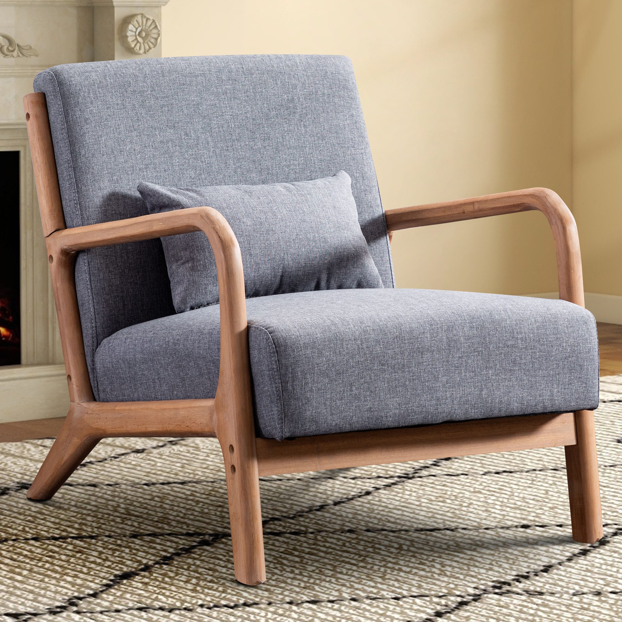 CANMOV Relaxsessel Accent Sessel mit Kissen, Loungesessel mit Armlehnen, Einzelsessel (1-St), Natürliches Holz, Liegestuhl mit Armlehne und Kissen, für Wohnzimmer