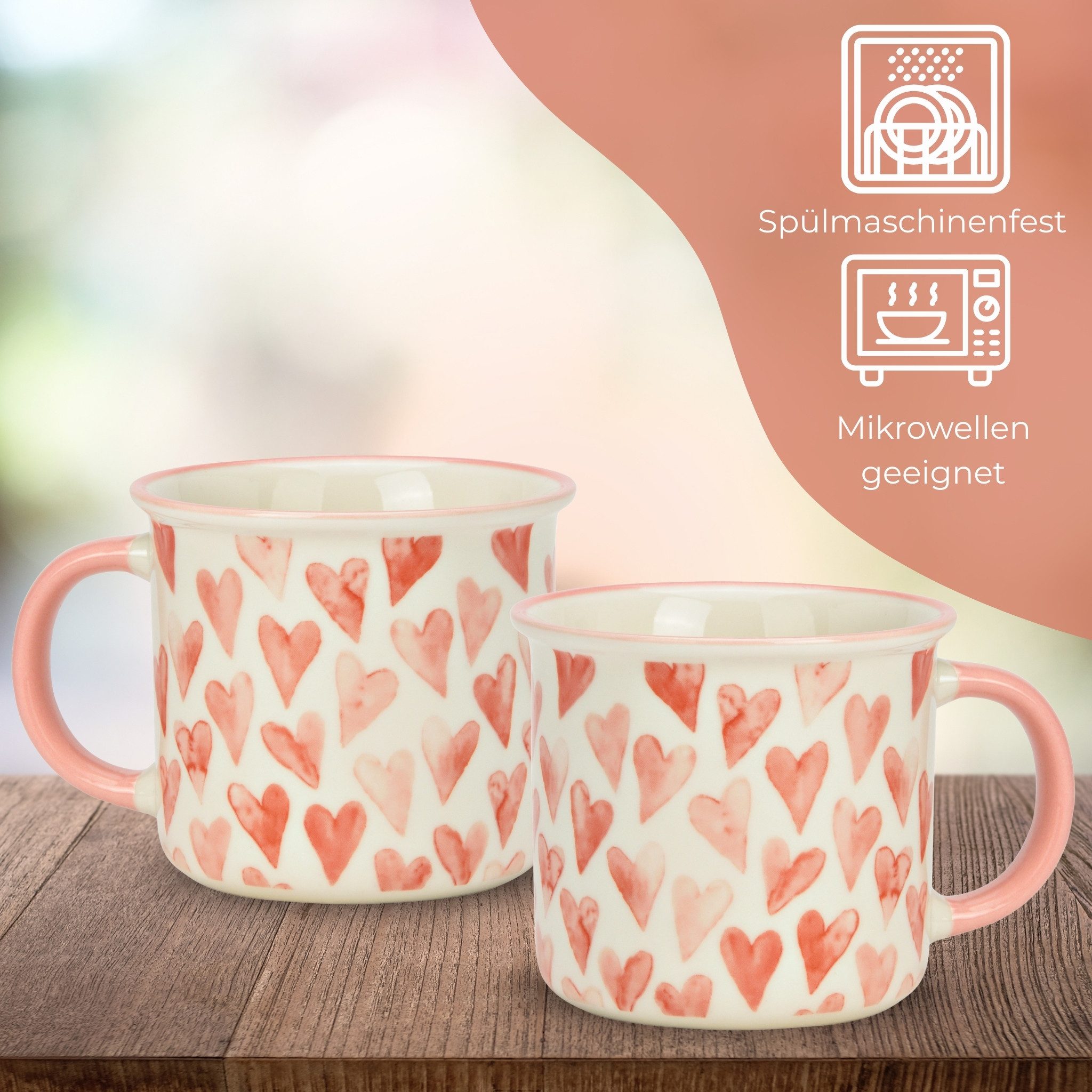 matches21 HOME & HOBBY Tasse Kaffeetassen Herz-Design Rosa, Kaffeebecher 4er Set, 370 ml, 4-tlg., Porzellan, Romantische Teetassen aus Porzellan