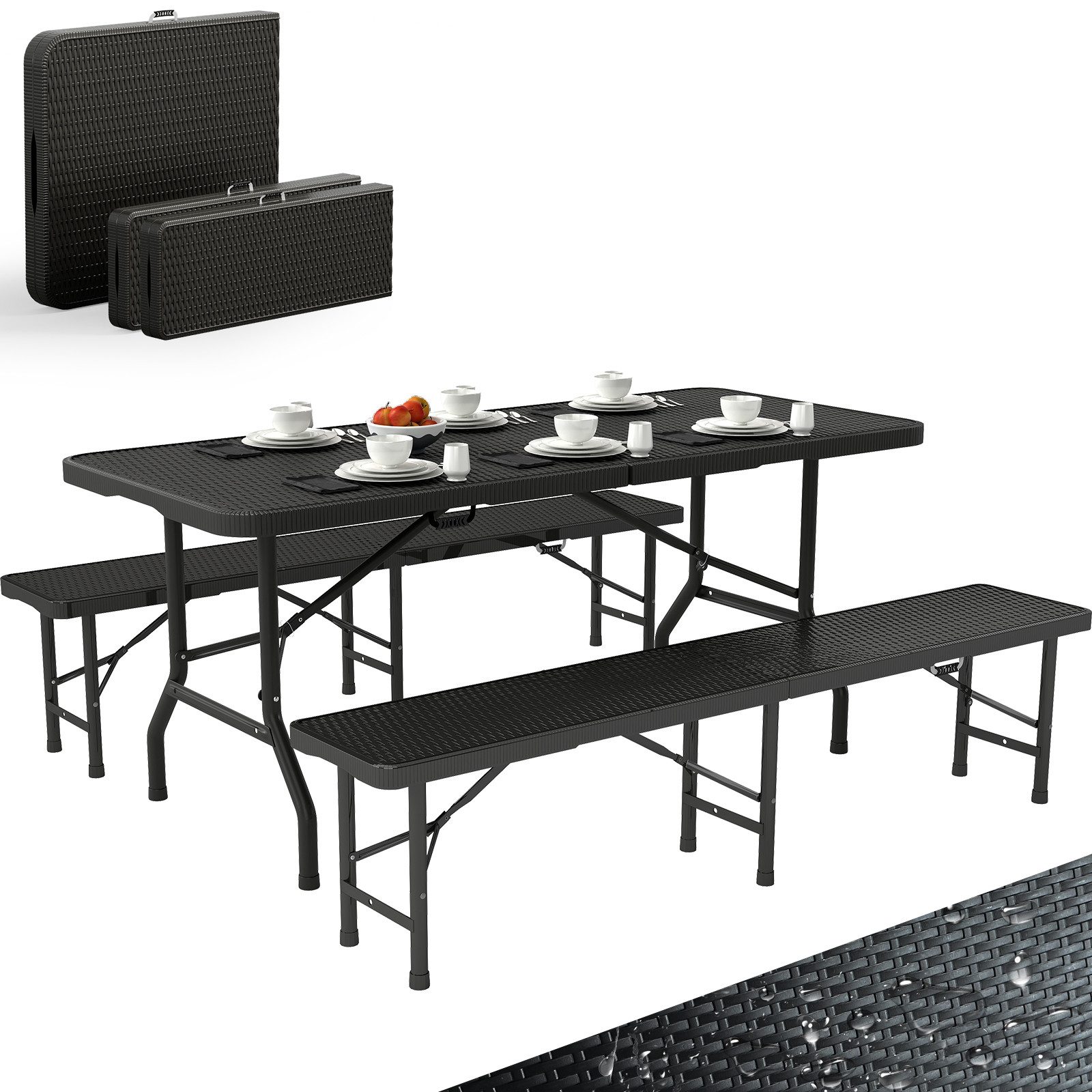 GUNJI Bierzeltgarnitur klappbar Festzeltgarnitur Gartenmöbel set 3-teiliges Set, (1 Biertisch & 2 Bierbank), Klappbares Gartenmöbel Set Rattan-Optik, 150kg Tragfähigkeit