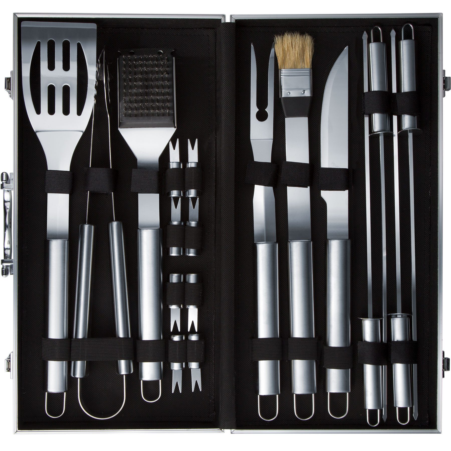 tectake Grillbesteck-Set 18-tlg. Grillbesteck-Set aus Edelstahl mit langen Griffen im Koffer, (Grillwerkzeug-Set, in grau), mit Samt-Innenverkleidung für übersichtliche Aufbewahrung des Bestecks
