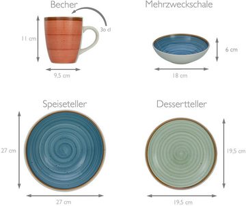 CreaTable Kombiservice Geschirr-Set Country (24-tlg), 6 Personen, Steinzeug, Service, Spiraldekor, 24 Teile, für 6 Personen