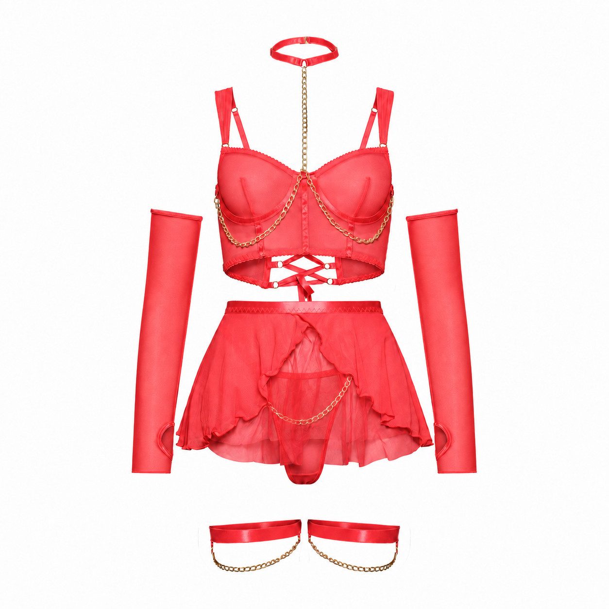 Orchibelle Set: Bügel-BH Mehrteiliges Dessous-Set – Reizwäsche mit Ketten und Rückenschnürung (Set, 6-tlg., BH, Tanga, Minirock, 2 Armstulpen, 2 Beinbänder, Nackenband) Sexy Lingerie-Set – sinnliche Unterwäsche für besondere Momente