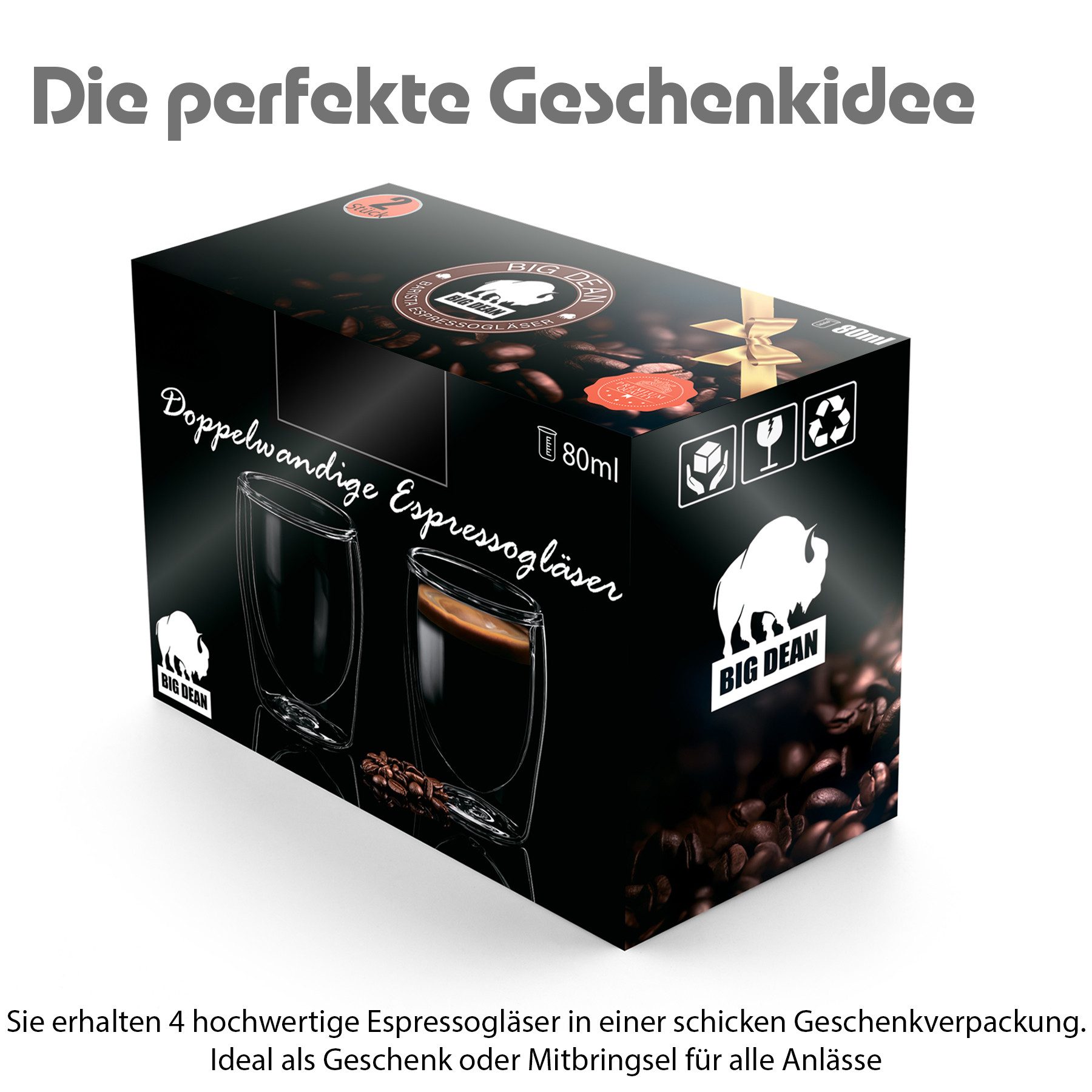 BigDean Espressotasse 4 Stück doppelwandige Espressotassen 80 ml in Gastro-Qualität, 4-tlg., Borosilikatglas, Spülmaschinenfest, Lebensmittelecht – Bild 2 von 5