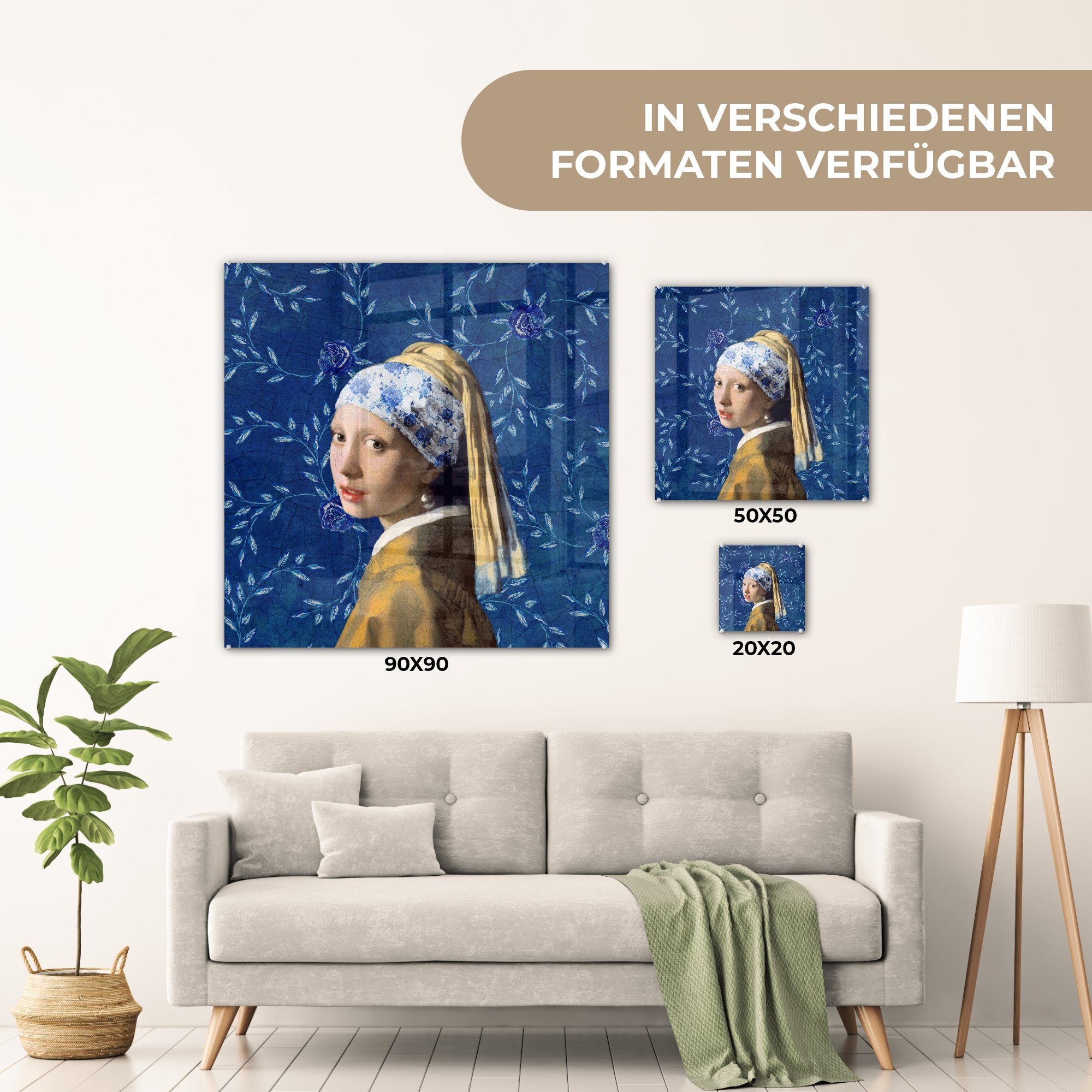 (1 St), MuchoWow Blumen bunt Bilder - auf Blau - - Glasbilder auf - - Foto - mit Acrylglasbild Wandbild Mädchen Vermeer Perlenohrring Glas Delfter Gemälde, Wanddekoration Glas -