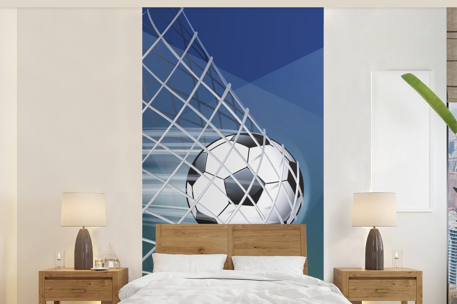 MuchoWow Fototapete Eine Illustration eines Fußballs im Netz - Jungen - Mädchen - Kinder, Matt, bedruckt, (2 St), Vliestapete für Wohnzimmer Schlafzimmer Küche, Fototapete