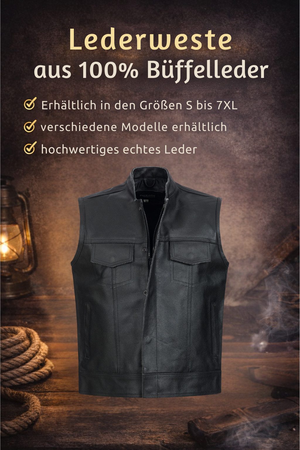 PAULGOS Motorradweste Lederweste Biker Kutte Clubweste Chopper Weste 100% Echtleder - BW4 – Bild 5 von 5