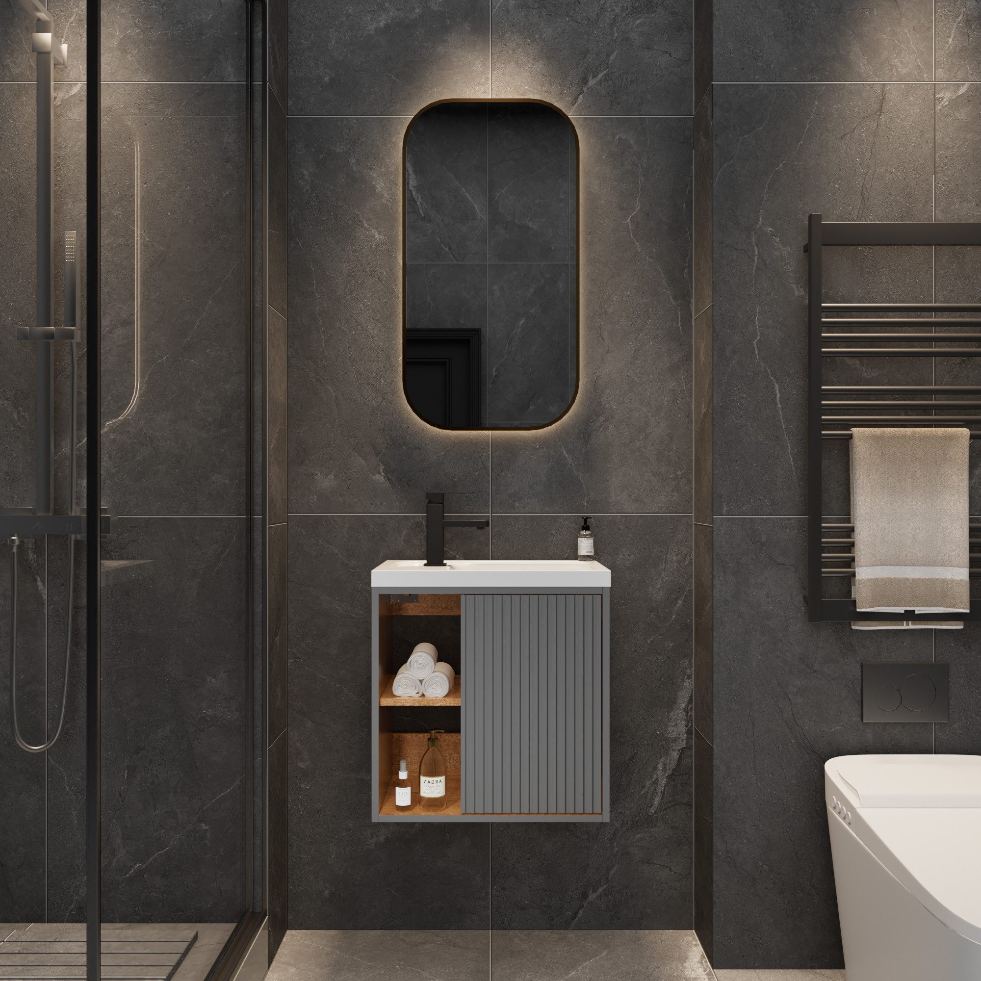 UEV Waschtisch klein Waschbecken mit Unterschrank set Badmöbel Gäste-WC (Breit 50cm, Komplett-Set, Badezimmmer Schrank für Gäste WC, Unterschrank mit Harzbecken – Bild 2 von 5