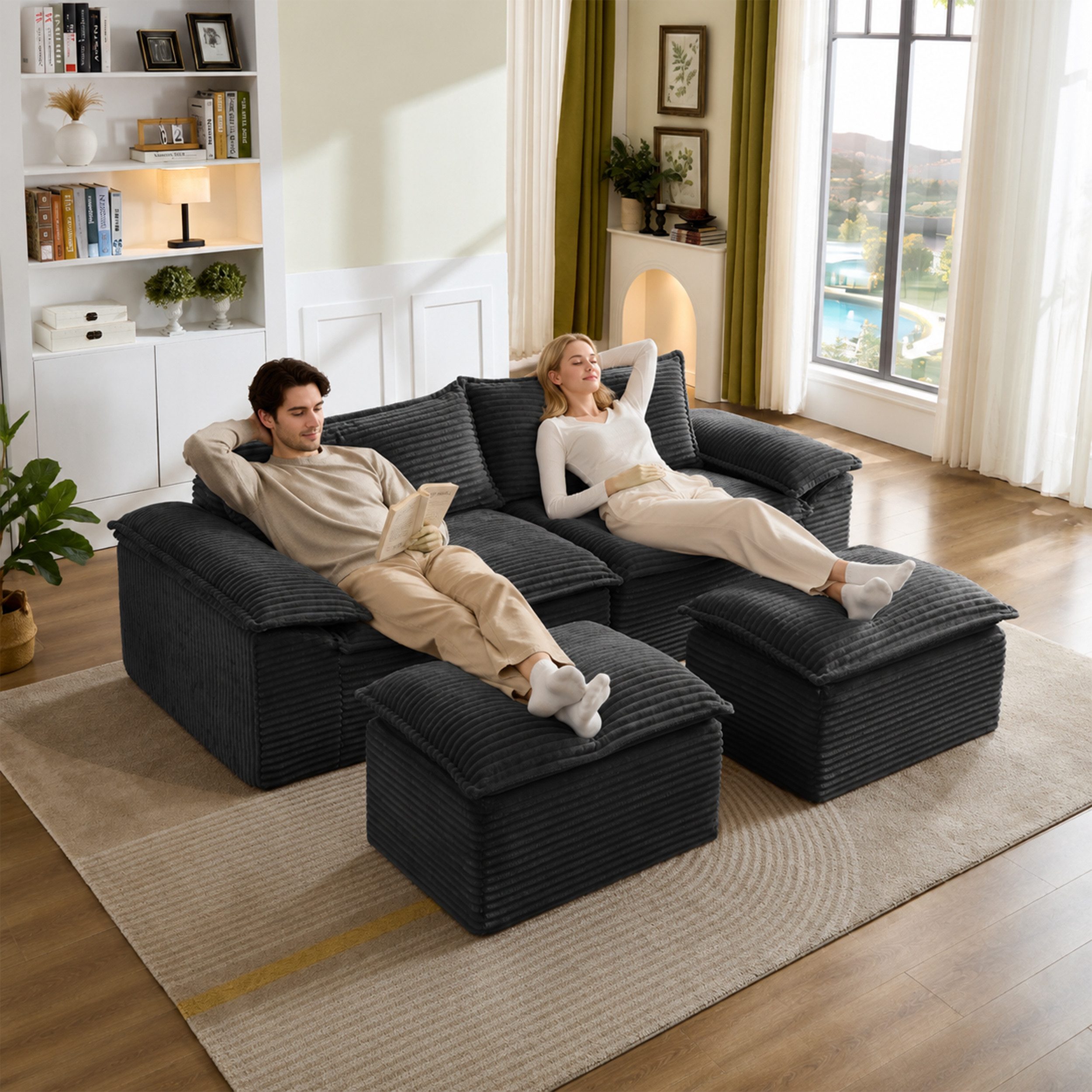 Sinaopus Schlafsofa Sofas Wohnzimmer modulares 2-Sitzer Schlafsofa mit Hocker Cord, Bodensofa mit Memory-Schaum, Kissen & flexibler Modularfunktion, Schlaf Couch