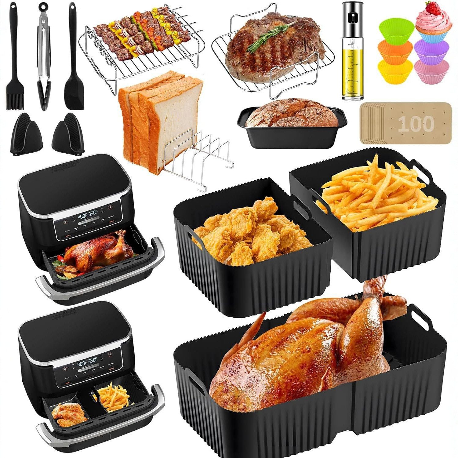 Forrlite Backform Heißluftfritteuse zubehör für Ninja Airfryer AF500EU 24-tlg BPA-frei, (Airfryer Zubehör Set für Ninja Foodi AF500EU& AF500EUCP, ninja foodi flexdrawer 10,4L,COSORI TwinFry 10L – 3 Silikonmatten & 21-teiliges Set, 10,4L, 5,2L, hitzebestän