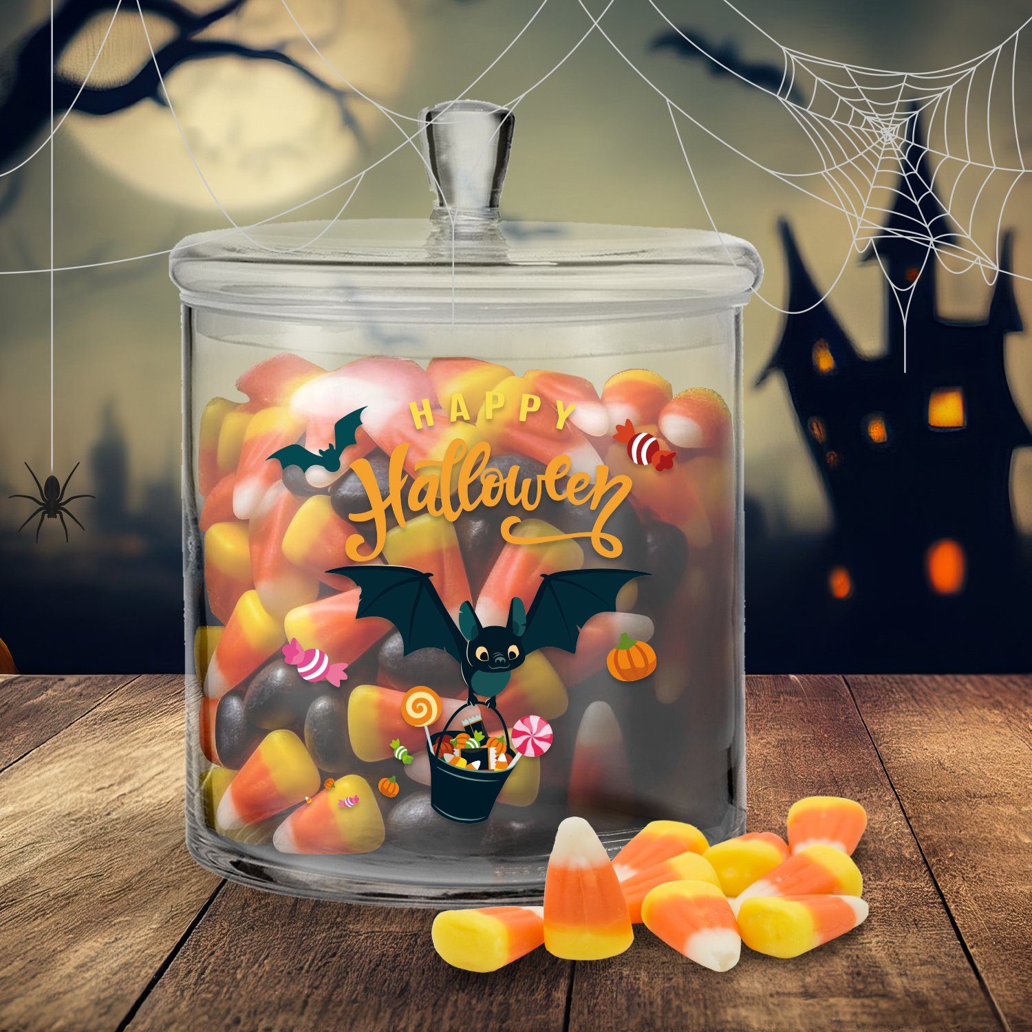 UV-Druck Happy Handgefertigte Glas, - Halloween und mit Glasdose GRAVURZEILE niedlichem mit Motiv Halloween Deckel Fledermaus Keksdose Design,