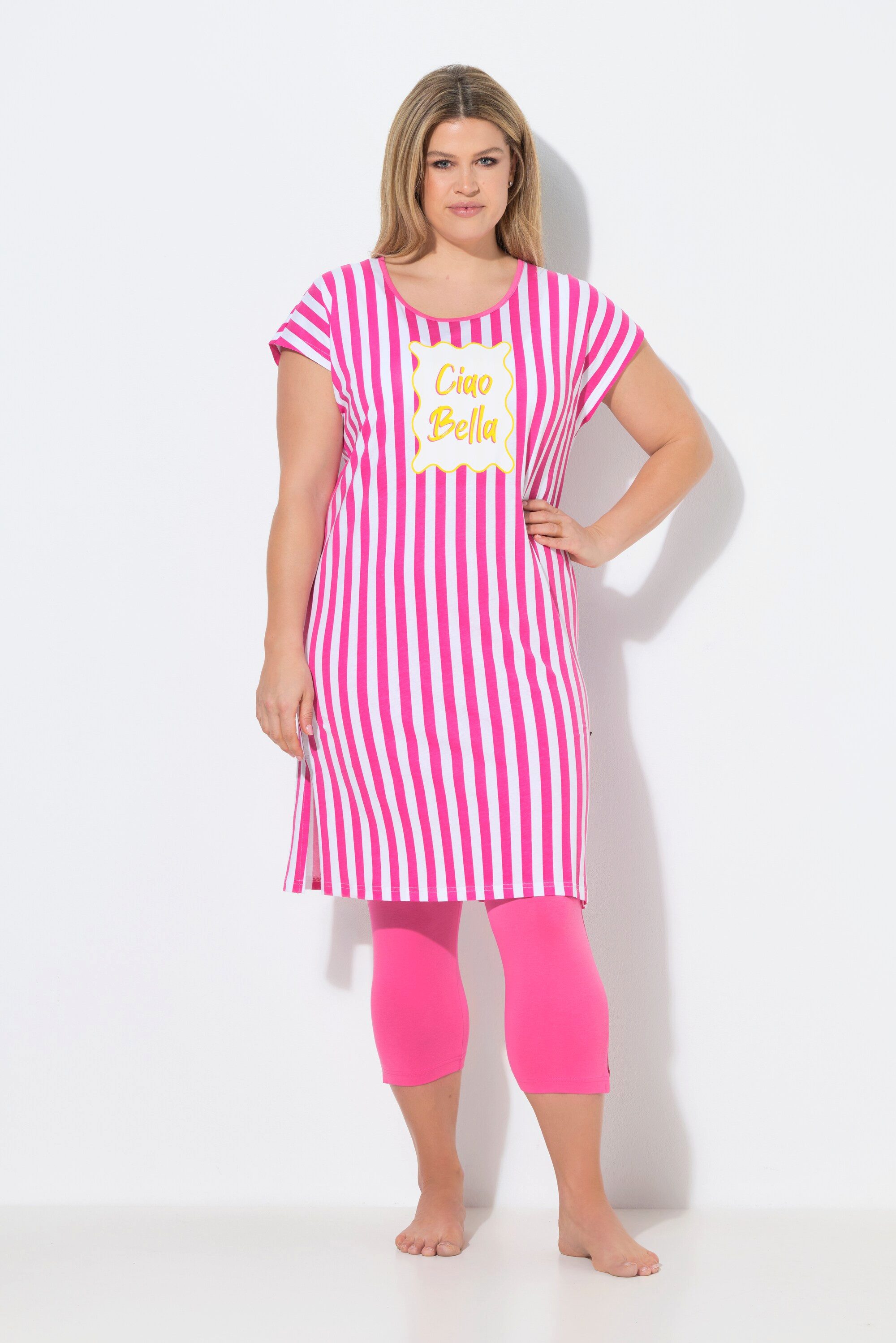 Ulla Popken Longshirt Bigshirt Streifen Schriftzug Rundhals Cap-Ärmel