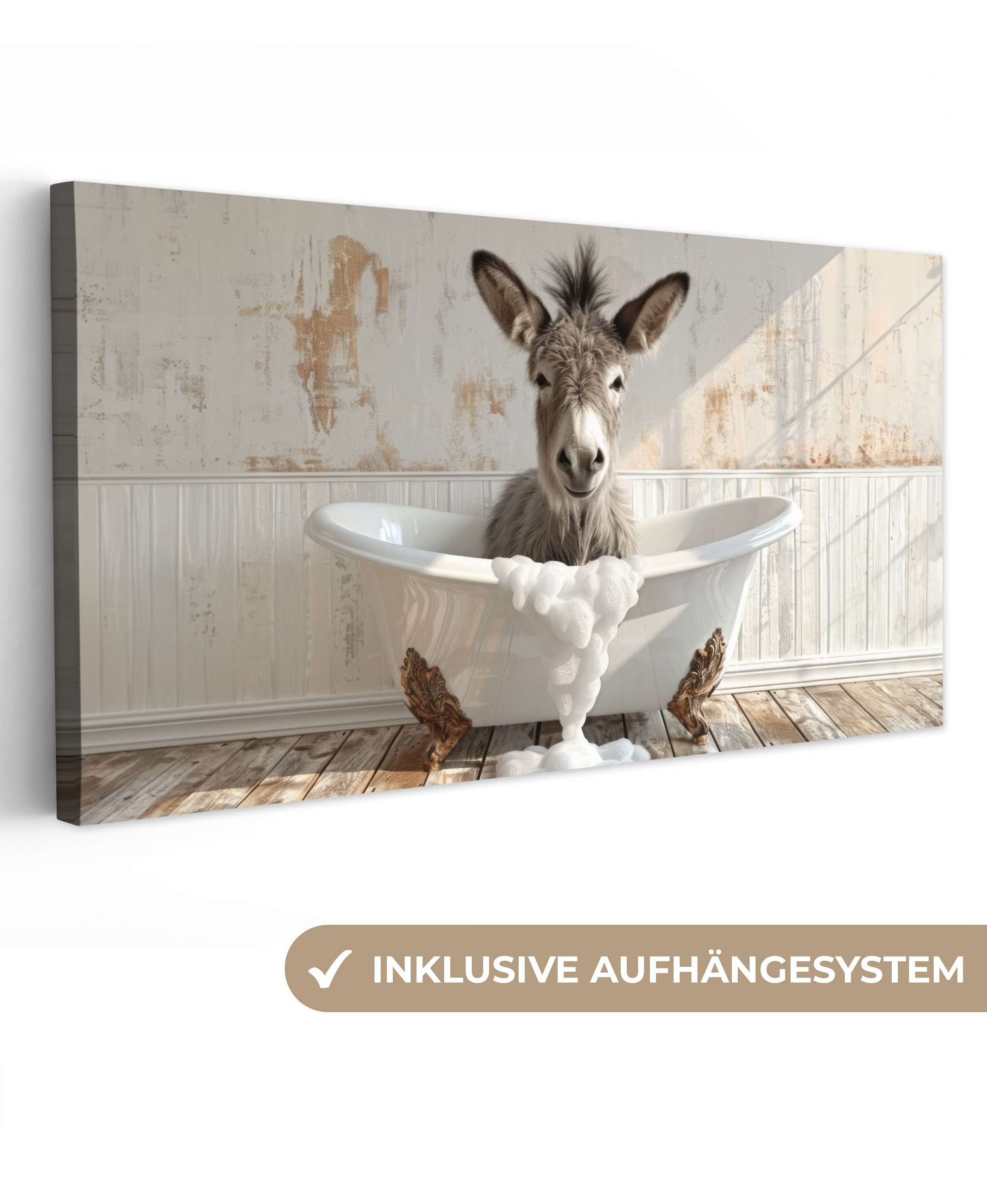 OneMillionCanvasses® Leinwandbild Panorama Esel - Tiere - Badewanne - Schau günstig online kaufen