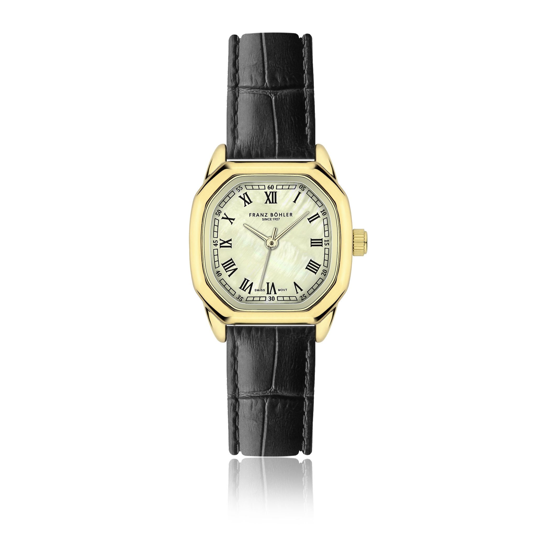 FRANZ BÖHLER Quarzuhr BD6-S074G Lauerz Gold – Gepolstert und mit Krokodilleder-Nähten
