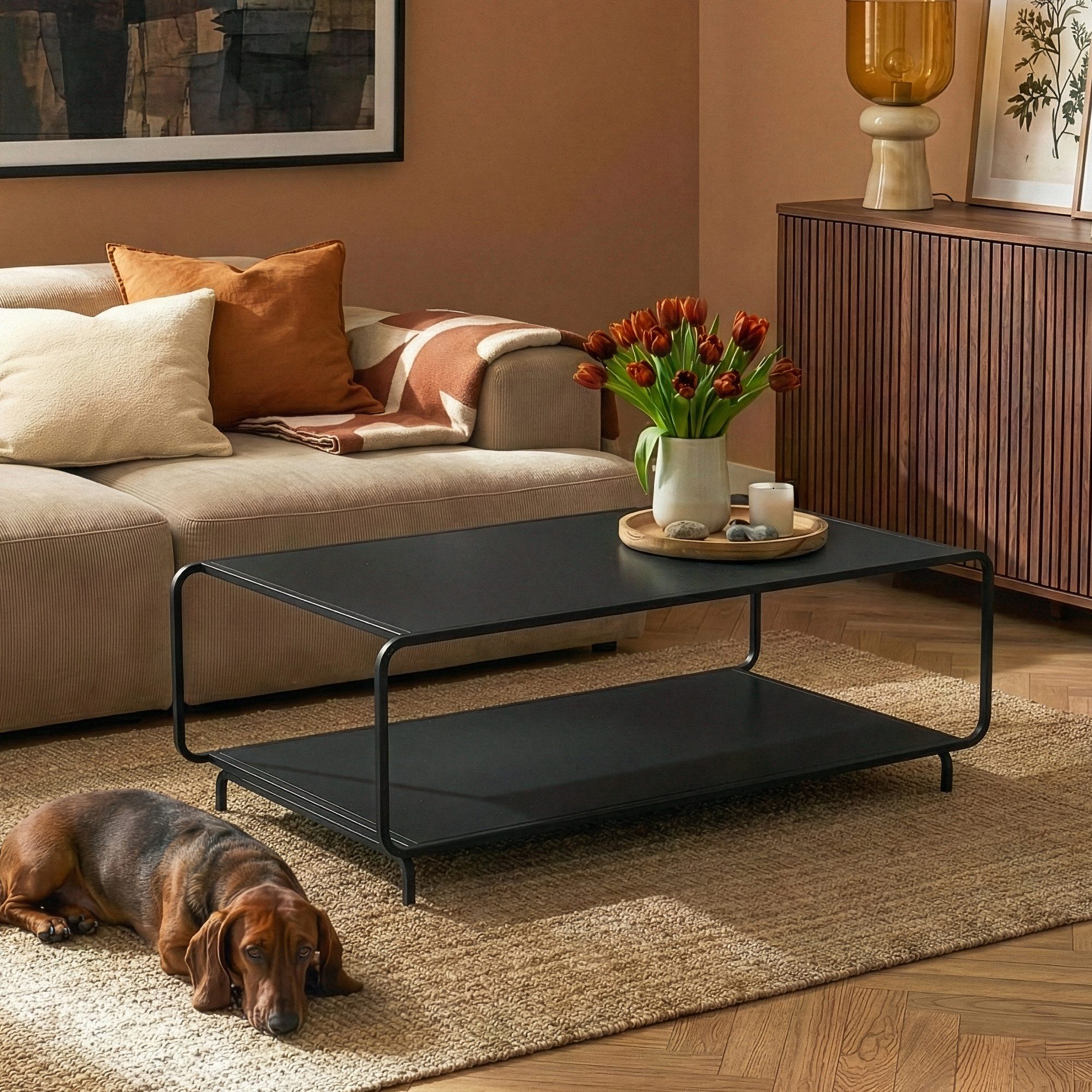 en.casa Couchtisch, »Færder« 115 x 50 x 45 cm mit Stauraum rechteckig Stahl Schwarz