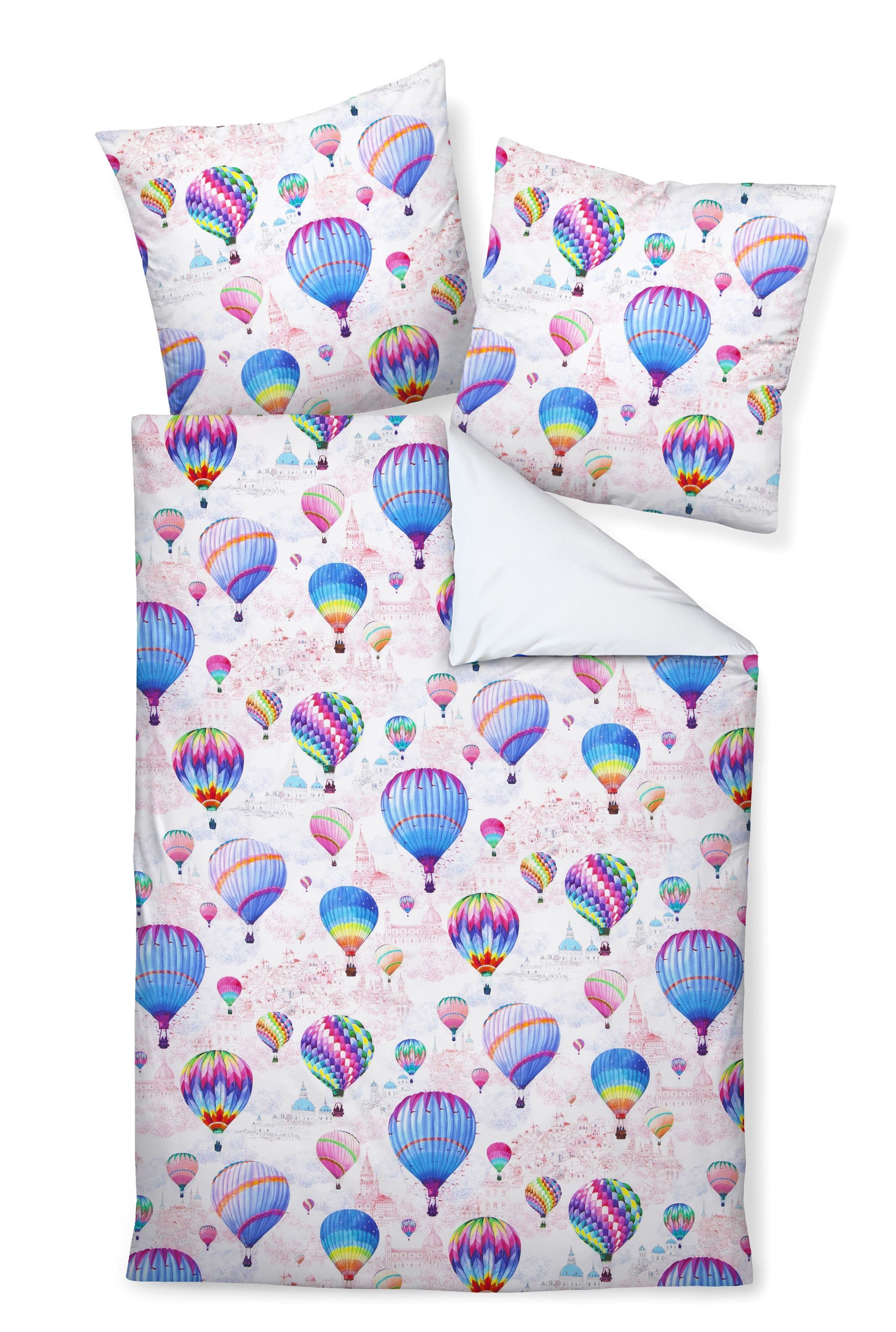 Janine Bettwäsche Mako-Baumwolle, Mako-Satin, 2 teilig, Heißluftballon, Städte, bunt