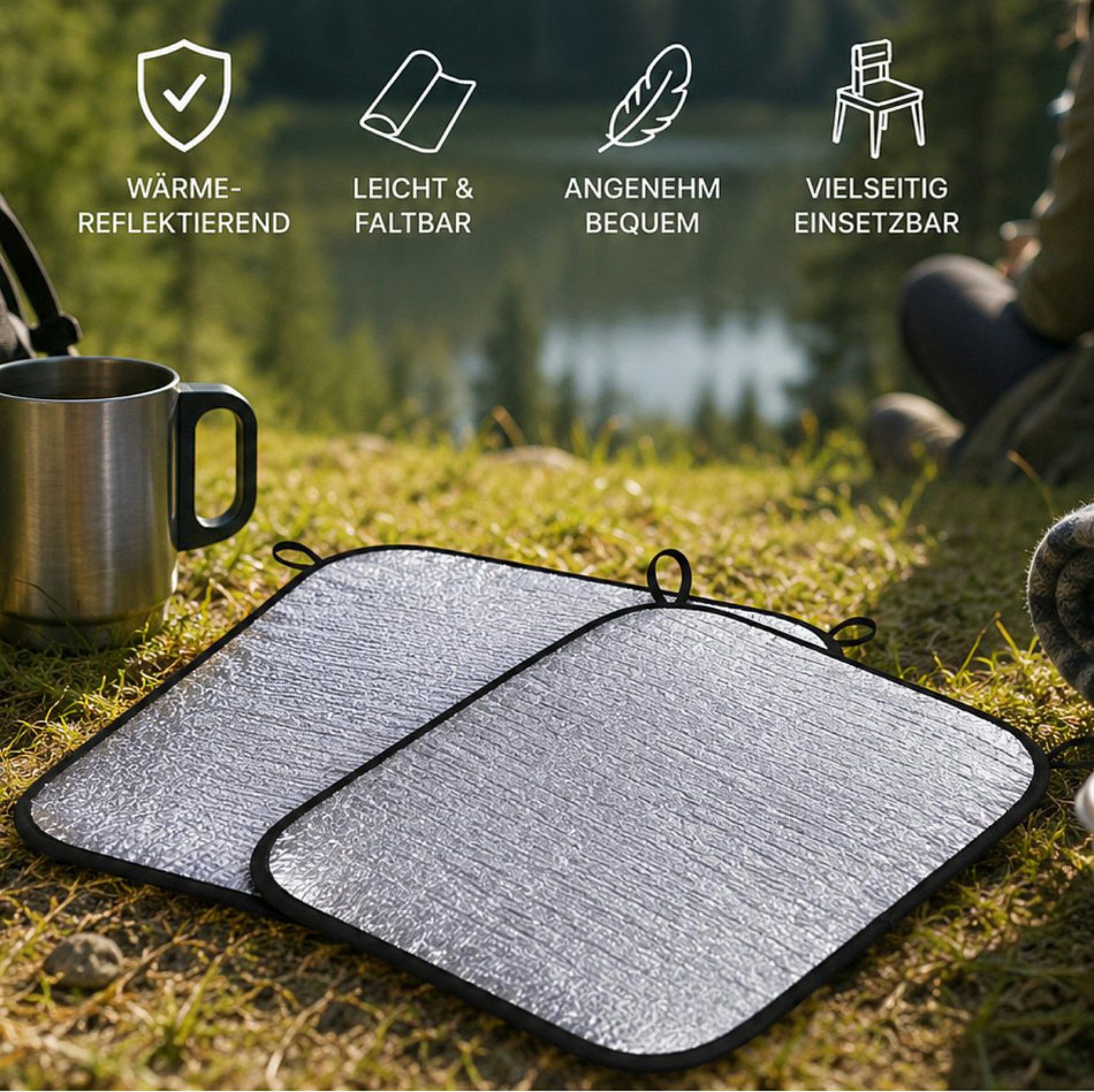 Koopman Thermomatte Camping Reise Urlaub 2 er Set, (Set, 2-tlg., Packung), 2 Stk, Silber / Schwarz, 45x35cm, Isolierend, Untergrundmatte