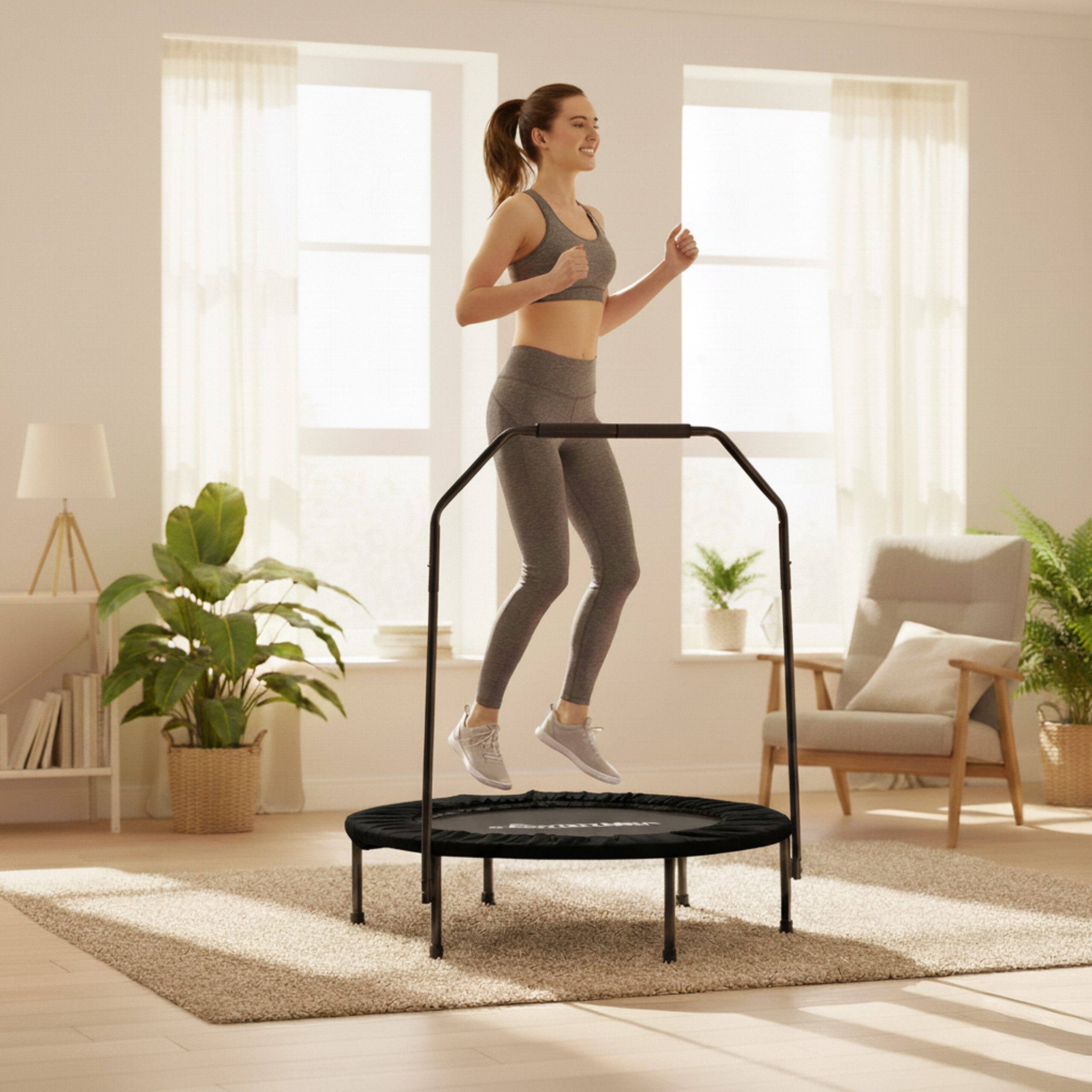 relaxdays Fitnesstrampolin Trampolin mit Haltestange Ø 102 cm, schwarz, 102 cm