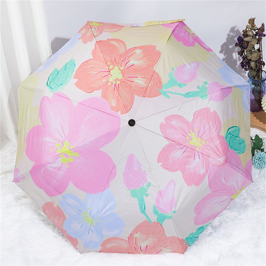 DÖRÖY Taschenregenschirm Automatischer Blumen-Faltschirm,UV-Schattenschirm,Regenschirm