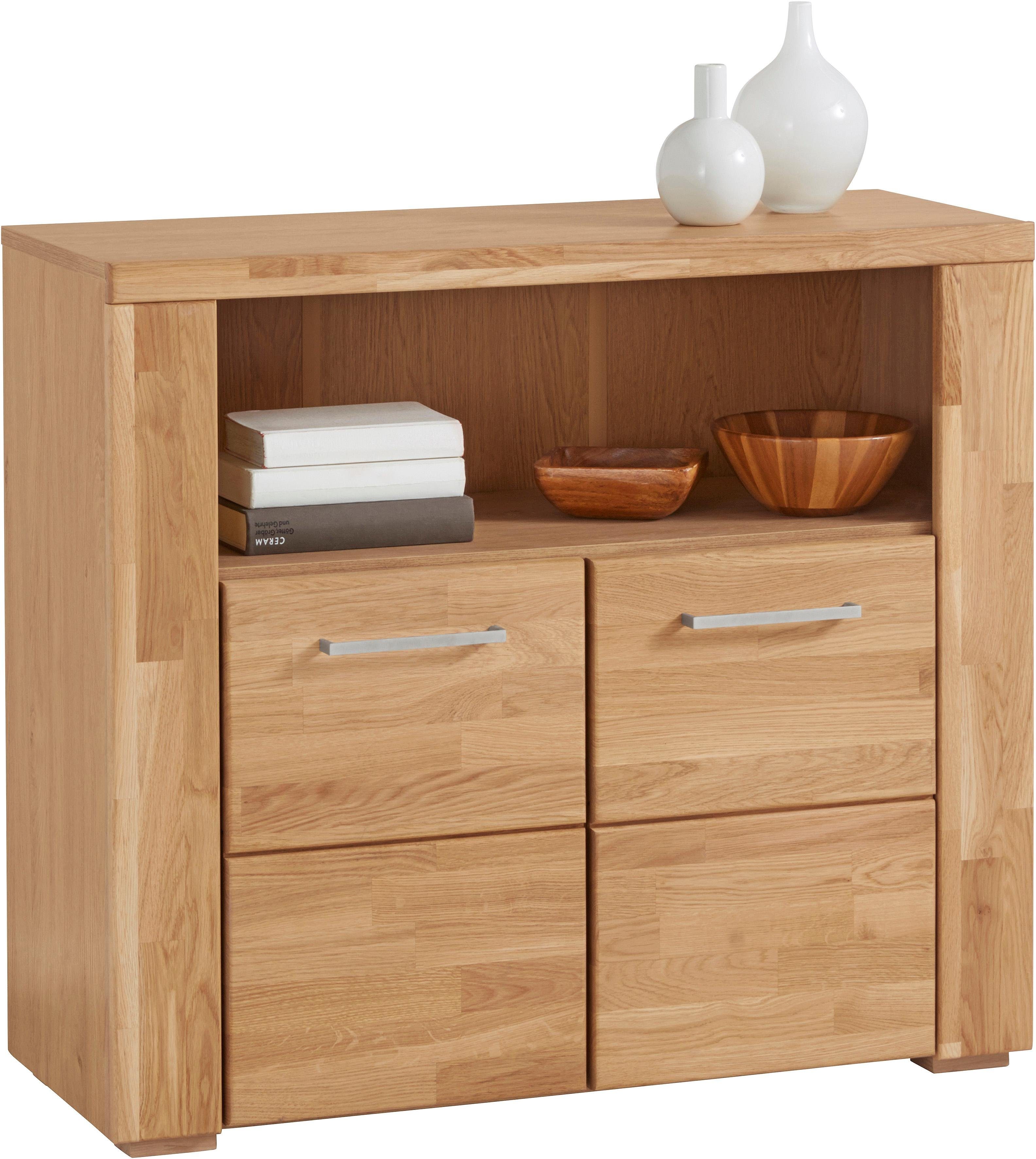 OTTO home Kommode Celle,90cm breit,35 cm tief, Fronten Massivholz, Holz massiv, Holzwerkstoff, Metall Griffe,3 breite Fächer
