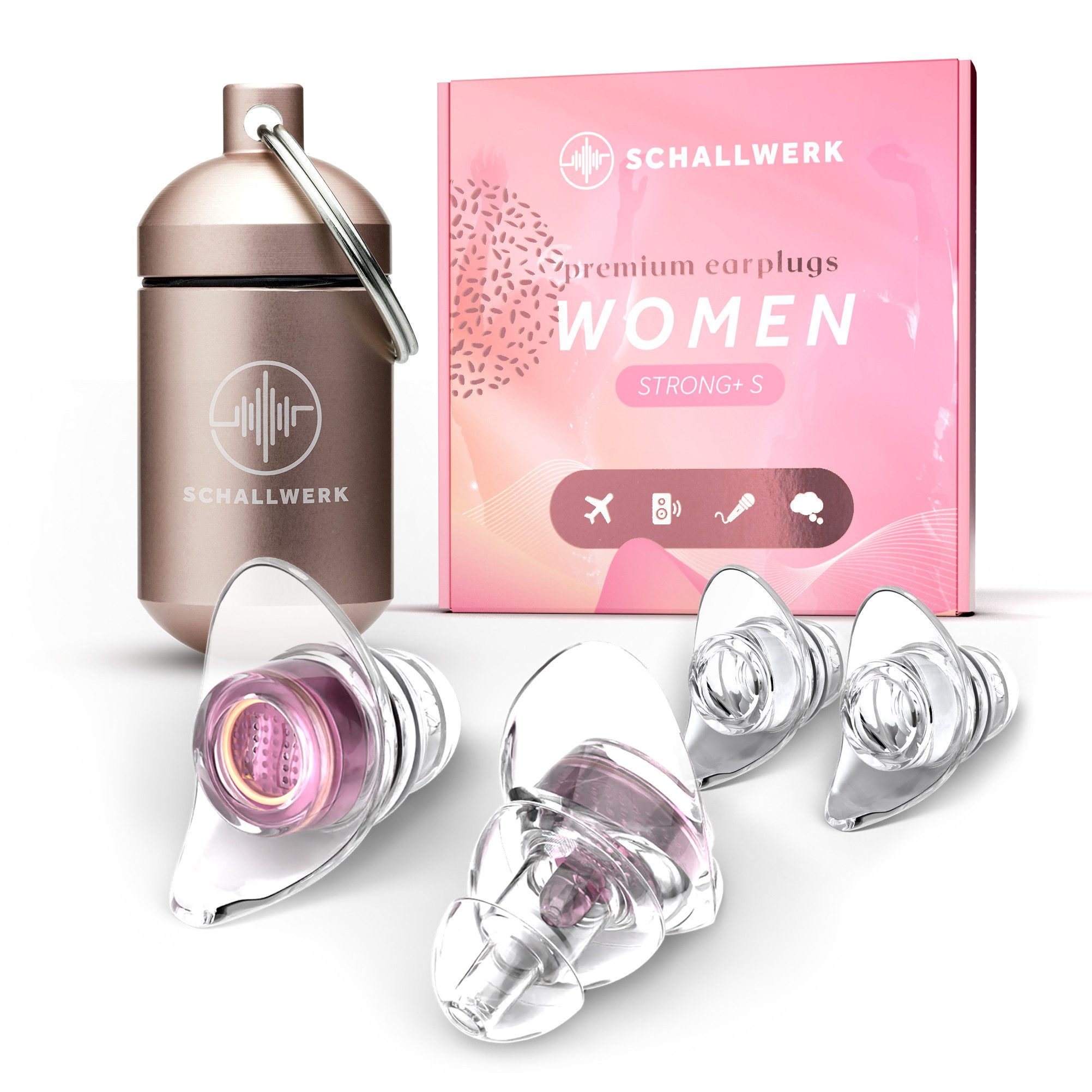 Schallwerk Gehörschutzstöpsel Women+ Ohrstöpsel für Frauen und kleine Gehörgänge, Gehörschutz Alltag, SNR 23 dB nach EN 352-2:2020, Membranfilter, 2 Größen, mit Alu-Dose