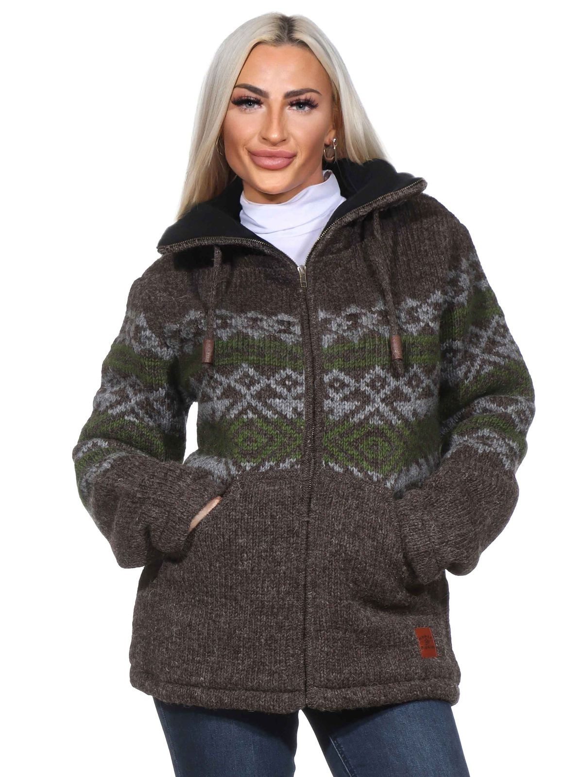 KUNST UND MAGIE Strickjacke Klassische Strickjacke Wolle Jacke mit Hochkragen Fleecefutter