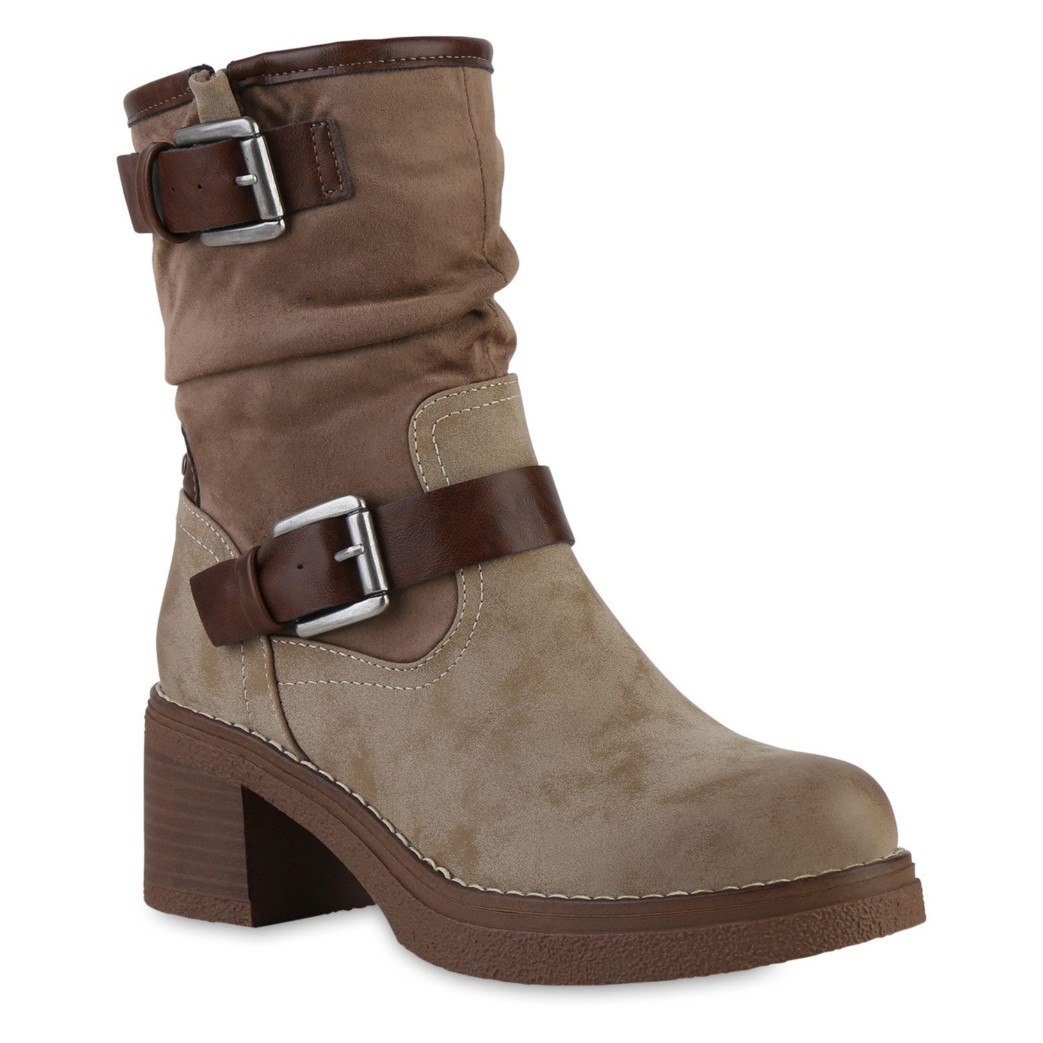 VAN HILL 841800 Bikerboots Damen Biker Boots Stiefeletten Schnallen Holzopt günstig online kaufen