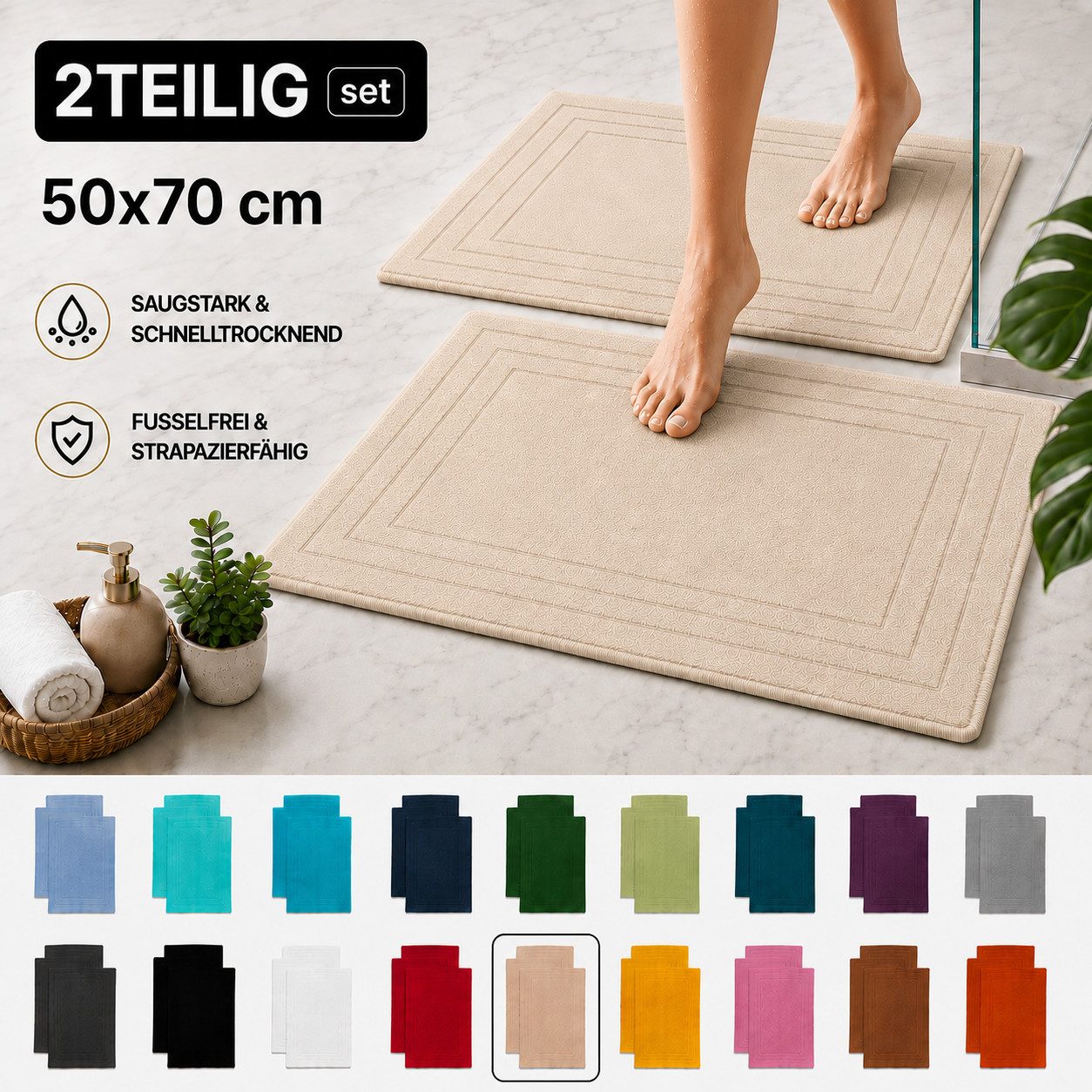 Komfortec Badematte 2er Badetuch Set aus 100% Baumwolle 50x70 cm Extra Weich & Saugstark, Rechteckig, 600 g/m² – Bild 5 von 5