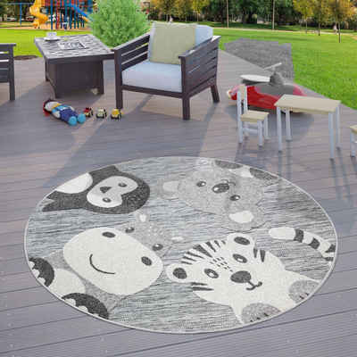 Kinderteppich Kinderzimmer Kinder Outdoor Teppich Rund Spielteppich Tier Design Grau, TT Home, rund, Höhe: 10 mm