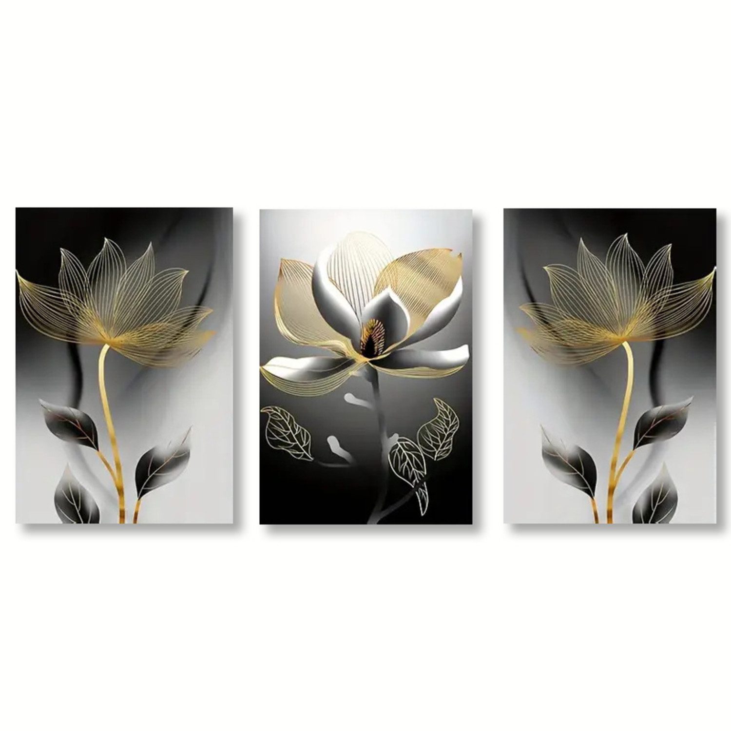 TPFLiving Kunstdruck OHNE RAHMEN, 3er Set - Abstrakte Blumen und Blüten - (Leinwandbild XXL), Farben: Farben: Schwarz, weiß, gold - Größe: 20x30cm