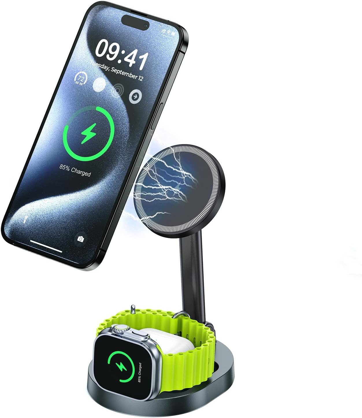 LA CUTE 3-in-1 kabellose Ladestation mit MagSafe für Apple Wireless Charger (2000,00 mA, 3-in-1 kabellose Ladestation mit Schnellladefunktion, 3-in-1 Ladestation mit 20W Adapter für Apple-Geräte, Kabellos, klappbar, schnelles Laden, MagSafe-kompatibel)