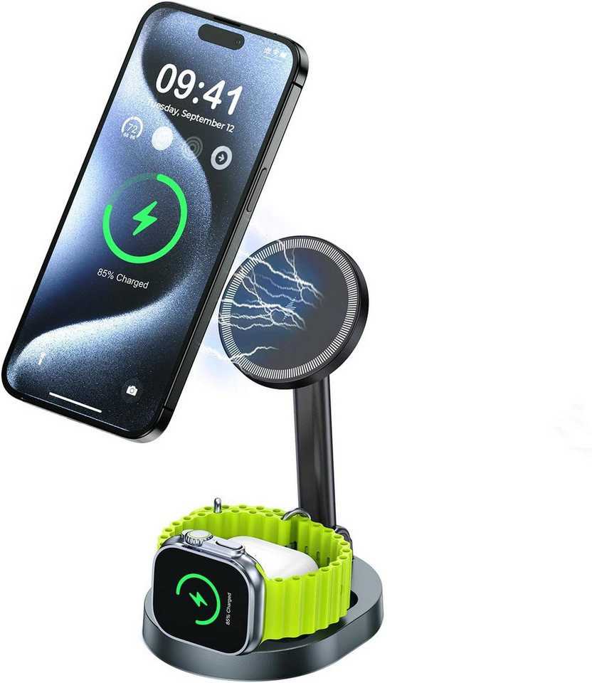 LA CUTE 3-in-1 kabellose Ladestation mit MagSafe für Apple Wireless Charger (2000,00 mA, 3-in-1 kabellose Ladestation mit Schnellladefunktion, 3-in-1 Ladestation mit 20W Adapter für Apple-Geräte, Kabellos, klappbar, schnelles Laden, MagSafe-kompatibel)