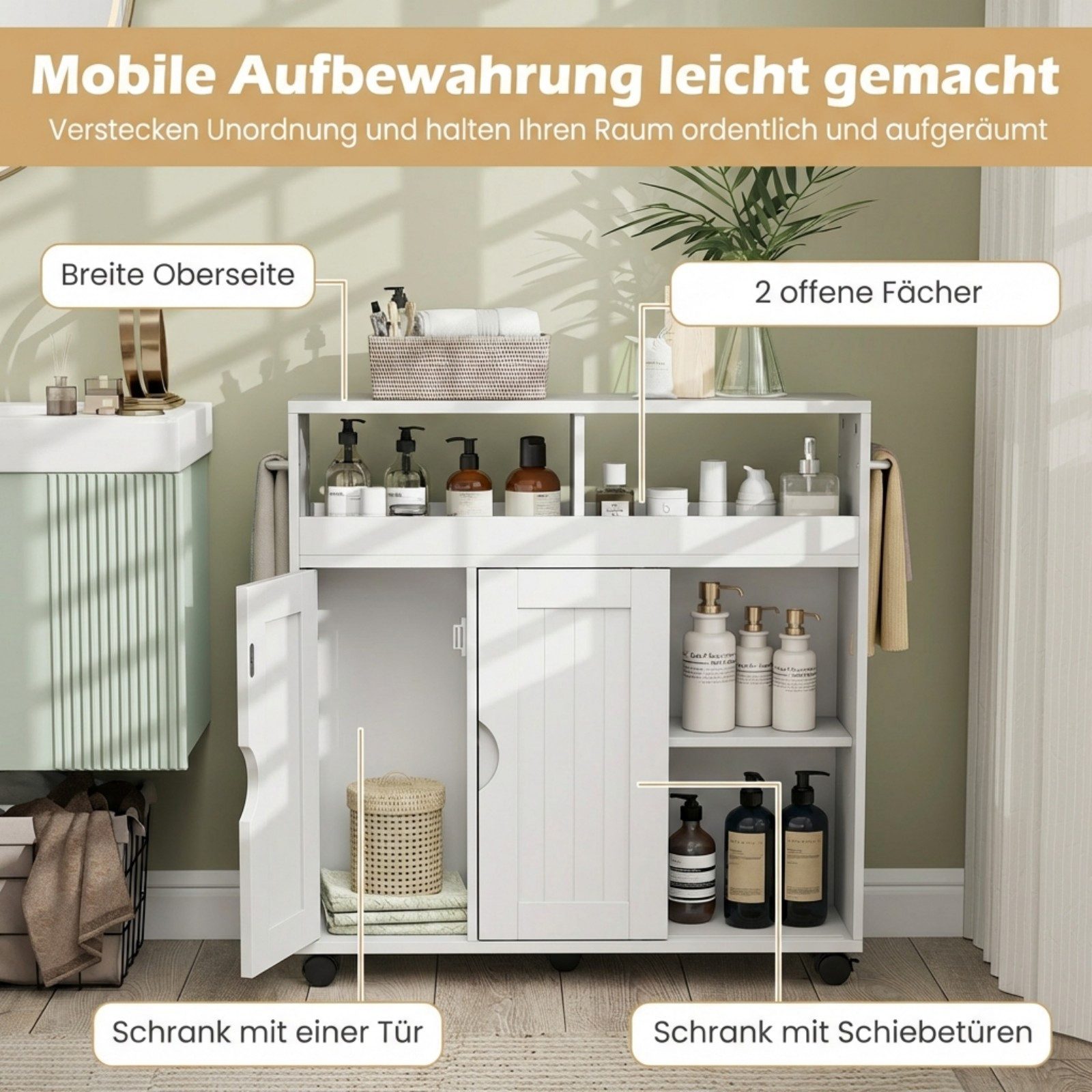 COSTWAY Badkommode, Nischenschrank schmal mit Rollen, Schiebetüren Nischenwagen