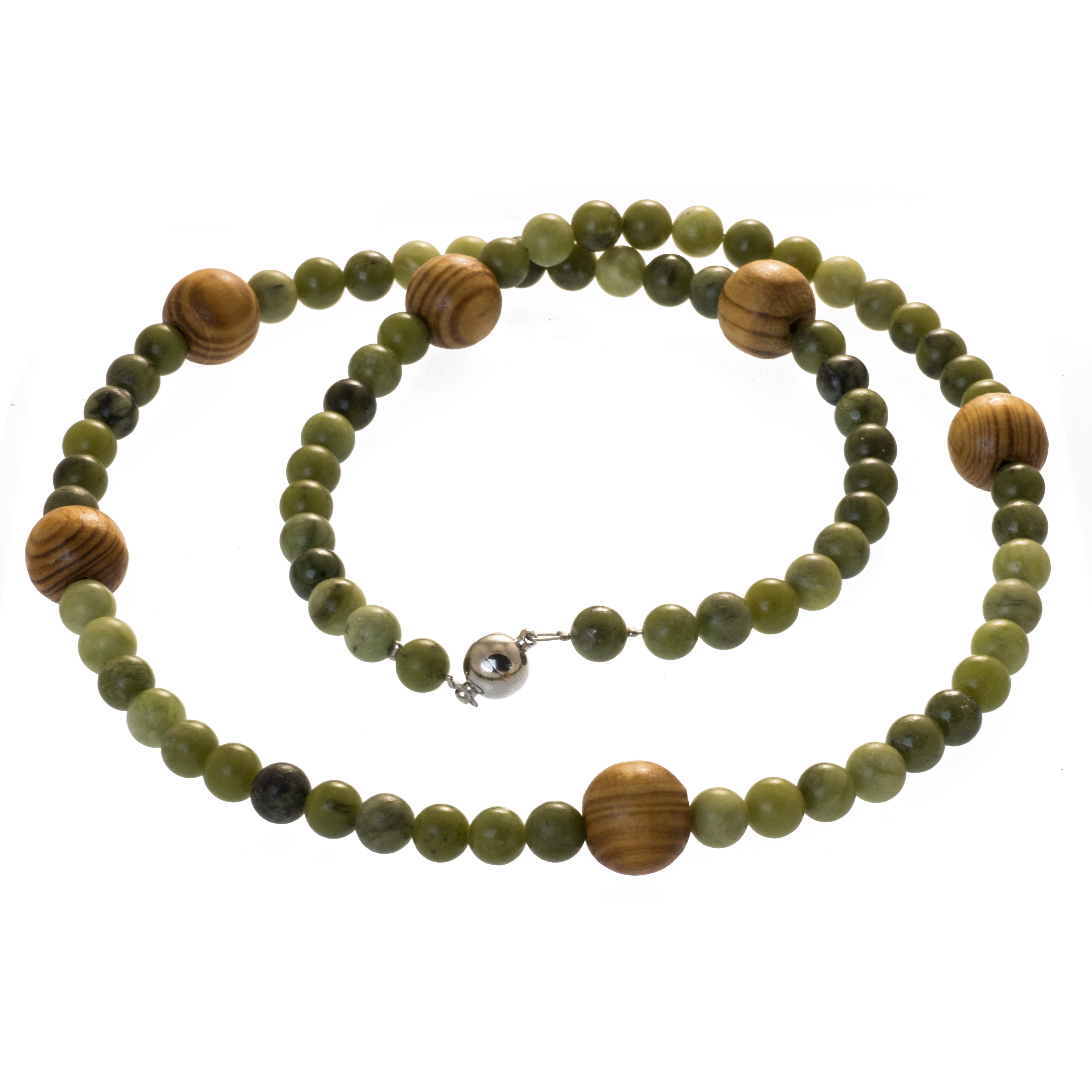 Perlenkette Lange Kette mit Jade und Holz Perlen hell günstig online kaufen