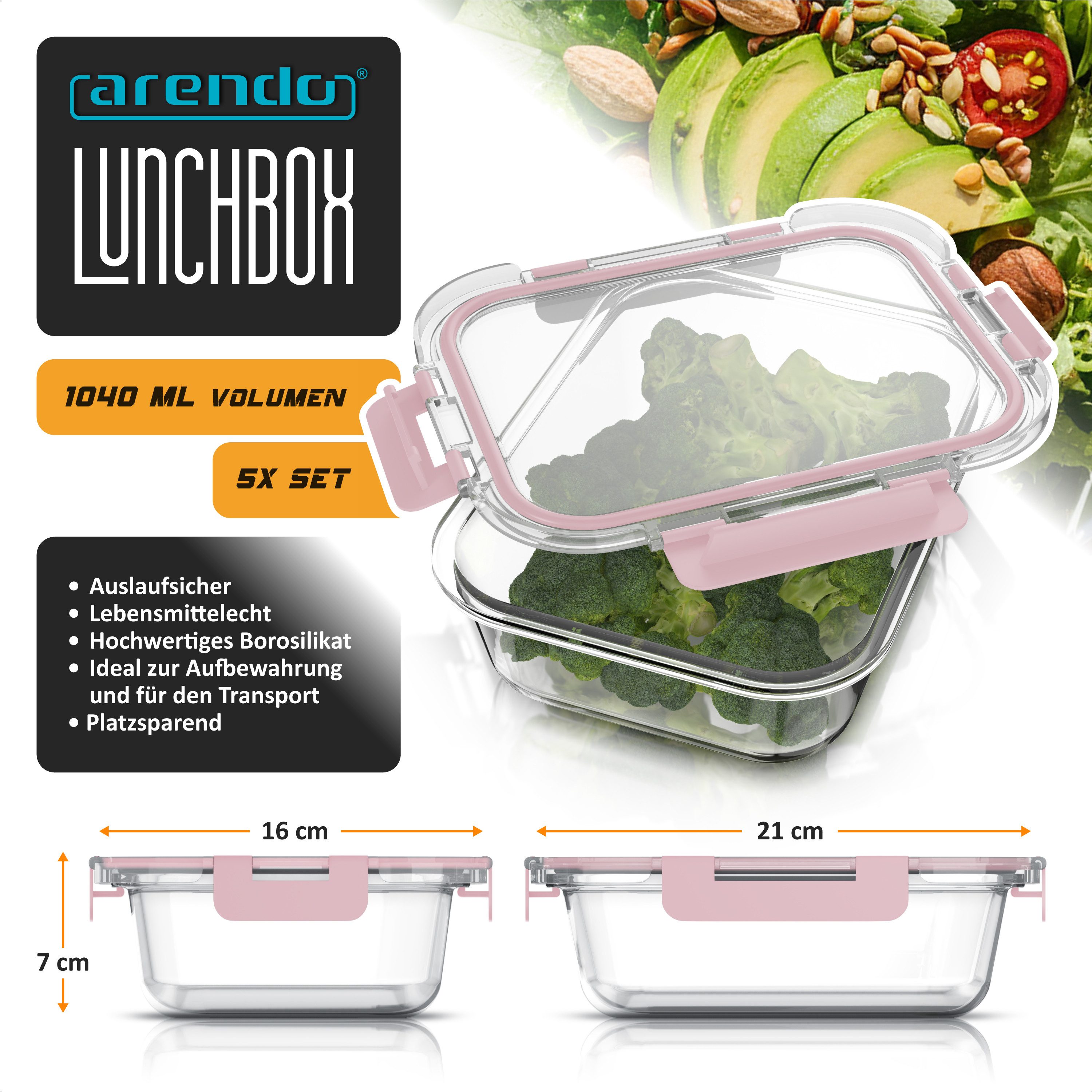 Arendo Frischhaltedose mit Deckel 5er Set, Vorratsdosen, Glas-Lunchboxen, auslaufsicher, Borosilikatglas, Kunststoff, (Set, 5-tlg., 5 x 1050 ml, rechteckig), Mi – Bild 2 von 5