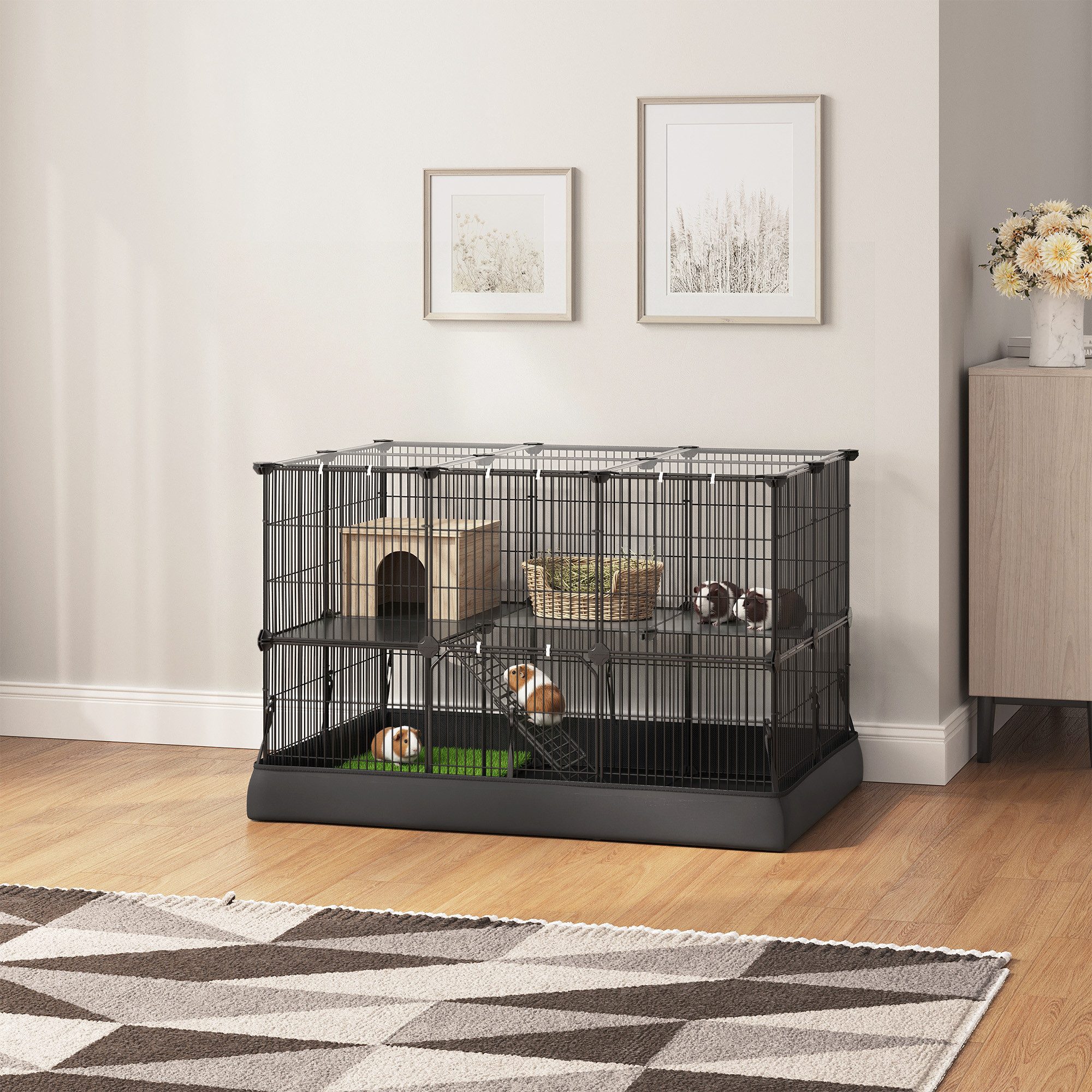 SONGMICS Kleintierkäfig 2-stöckiges Gehege, Freilaufgehege, wasserresistente Unterlage, für Kaninchen, Meerschweinchen, mit 35 Platten, 93 x 63 x 61,5 cm