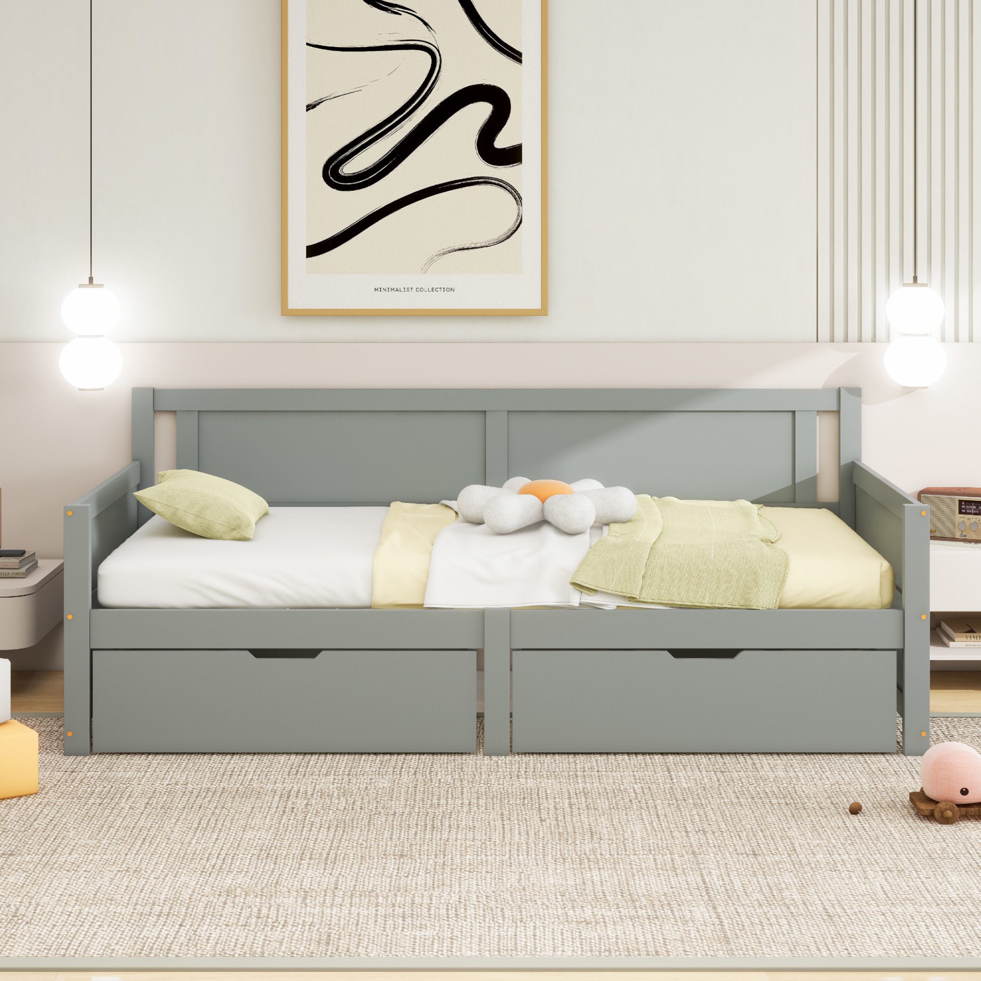 STILVORA Bettgestell 90×200 Schlafsofa Tagesbett mit stauraum,Jugendbett ohne Matratze (mit zwei Ablagefächern Massivholzbett, Jugendbett, 90x200 cm), ohne Matratze